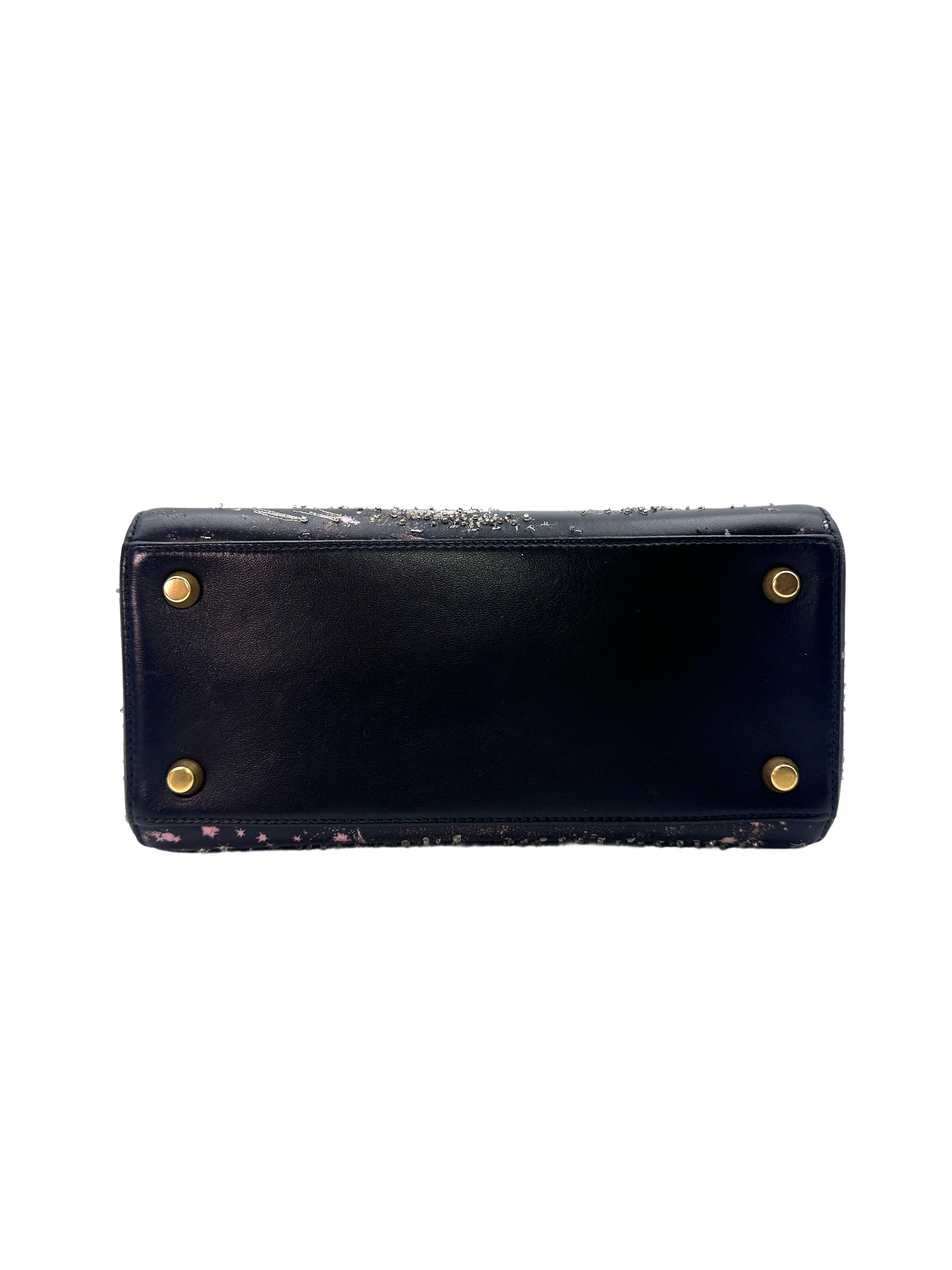 Christian Dior Lady Dior "I Feel Blue" Limited Edition Embroidered Lambskin Handle Bag With Gold Charms