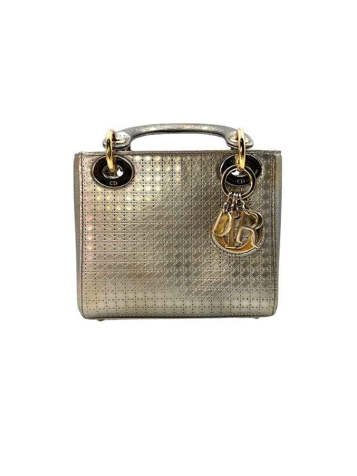 Christian Dior Lady Dior Silver Cannage Calfskin Handle Bag With Gold Charms