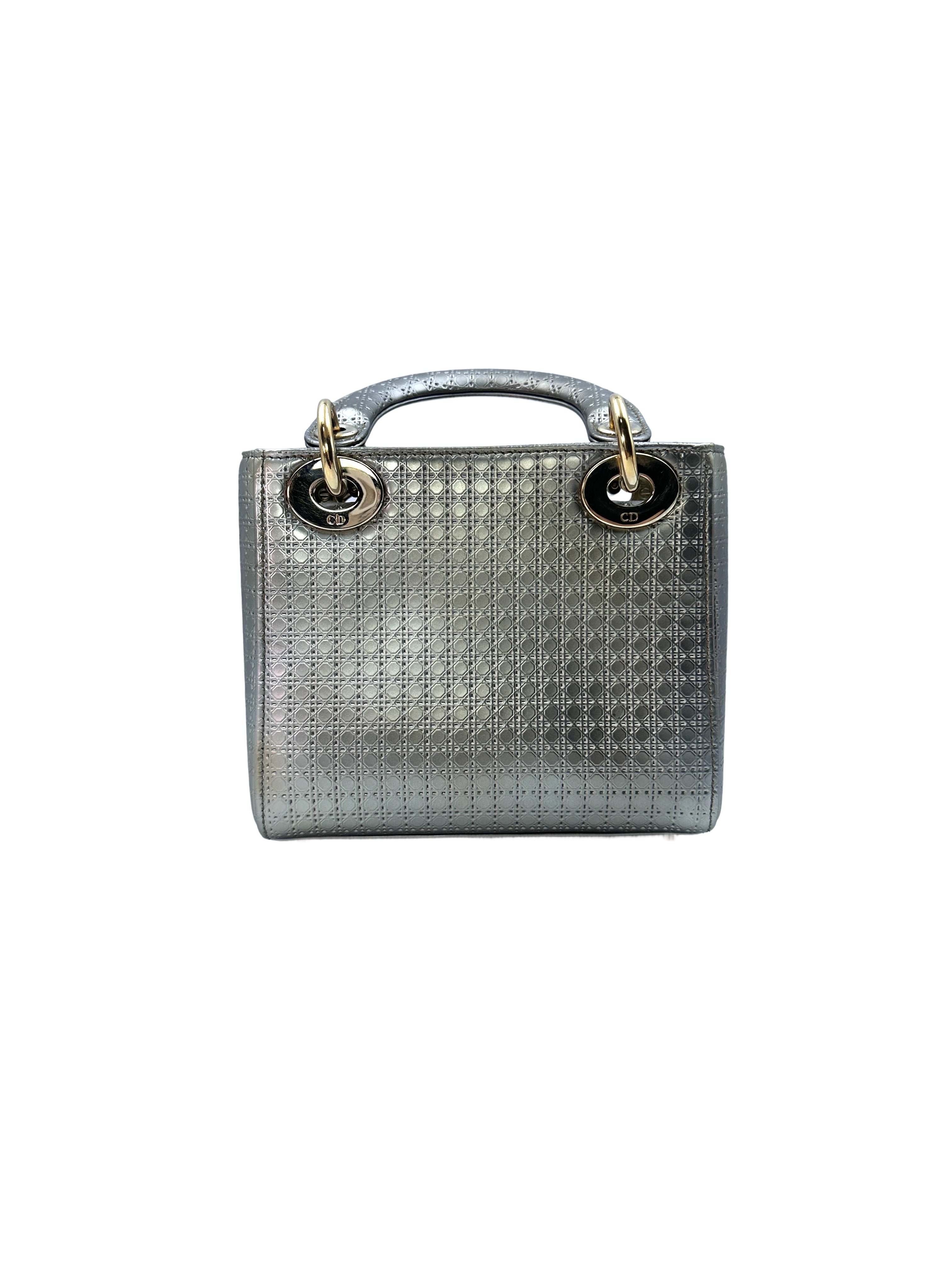 Christian Dior Lady Dior Silver Cannage Calfskin Handle Bag With Gold Charms