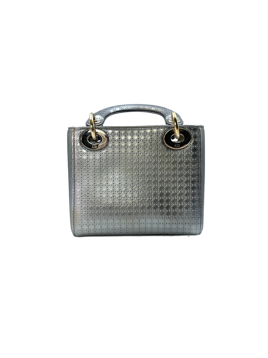 Christian Dior Lady Dior Silver Cannage Calfskin Handle Bag With Gold Charms