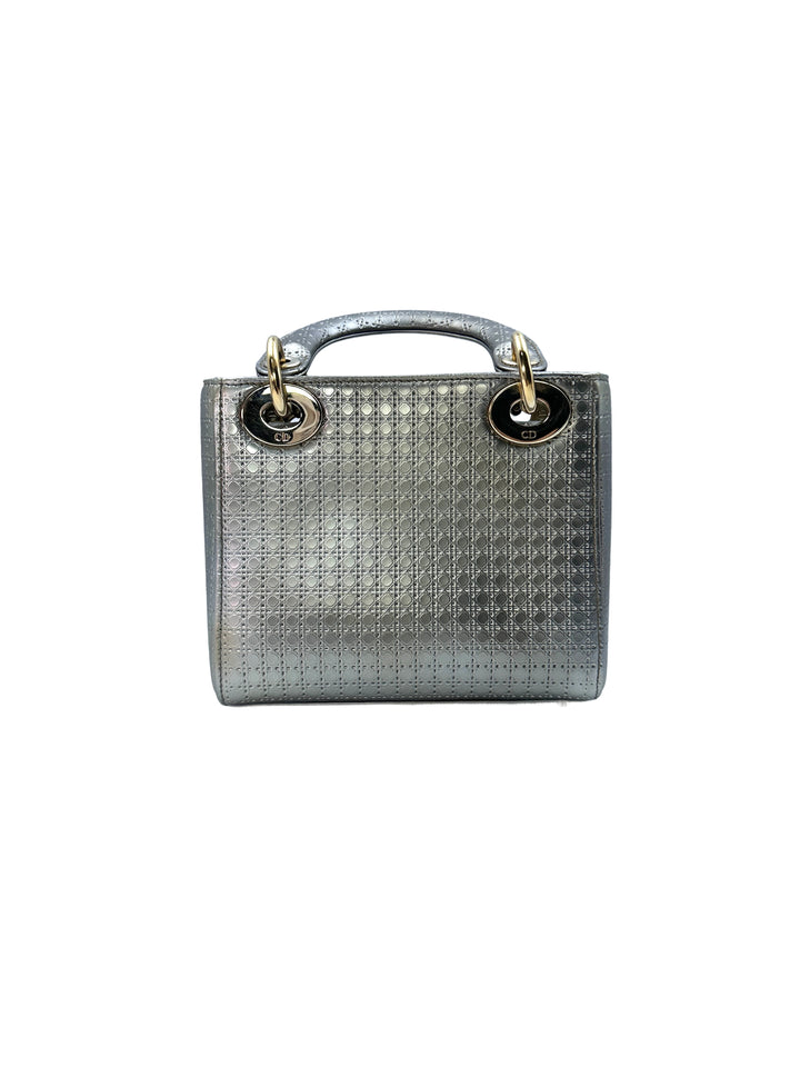 Christian Dior Lady Dior Silver Cannage Calfskin Handle Bag With Gold Charms