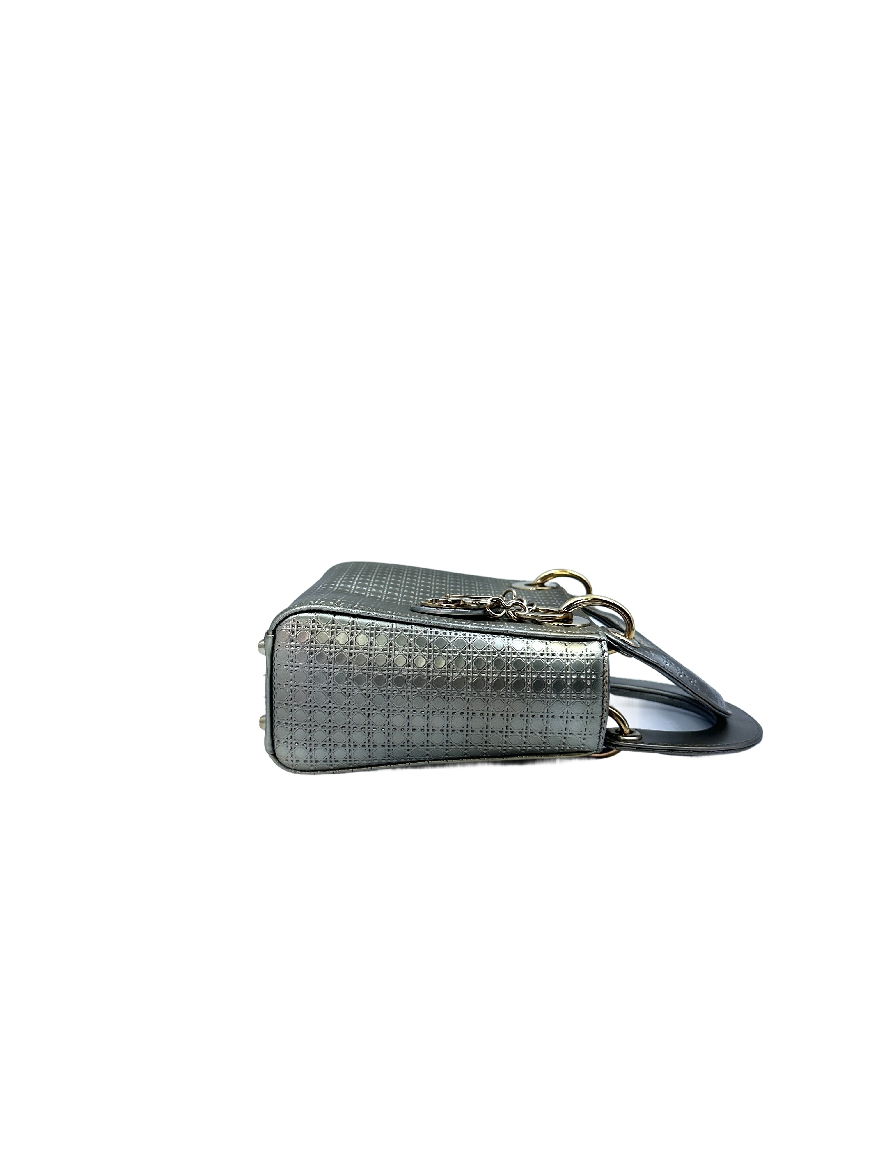 Christian Dior Lady Dior Silver Cannage Calfskin Handle Bag With Gold Charms