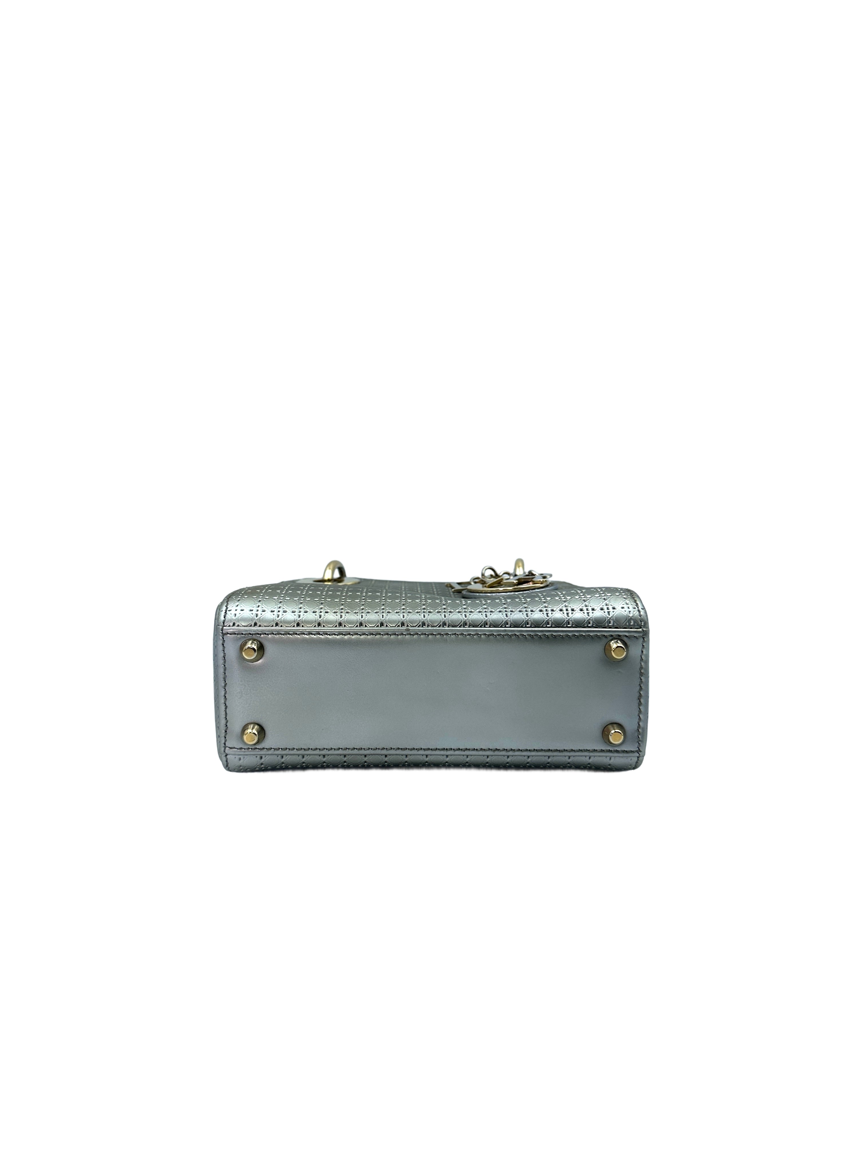 Christian Dior Lady Dior Silver Cannage Calfskin Handle Bag With Gold Charms