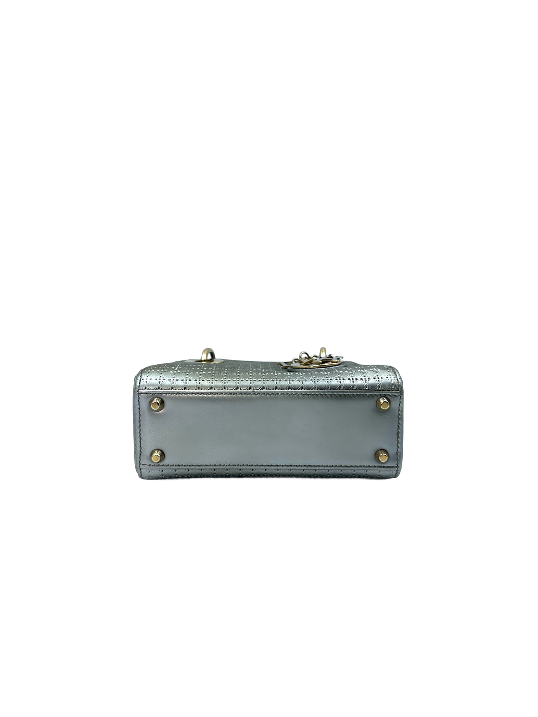 Christian Dior Lady Dior Silver Cannage Calfskin Handle Bag With Gold Charms