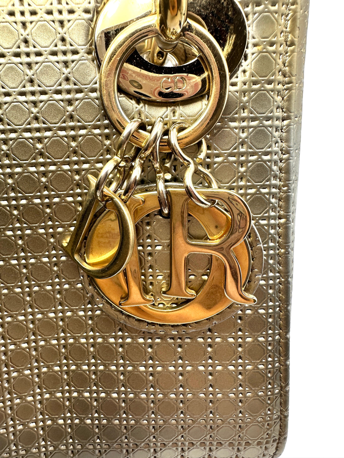 Christian Dior Lady Dior Silver Cannage Calfskin Handle Bag With Gold Charms