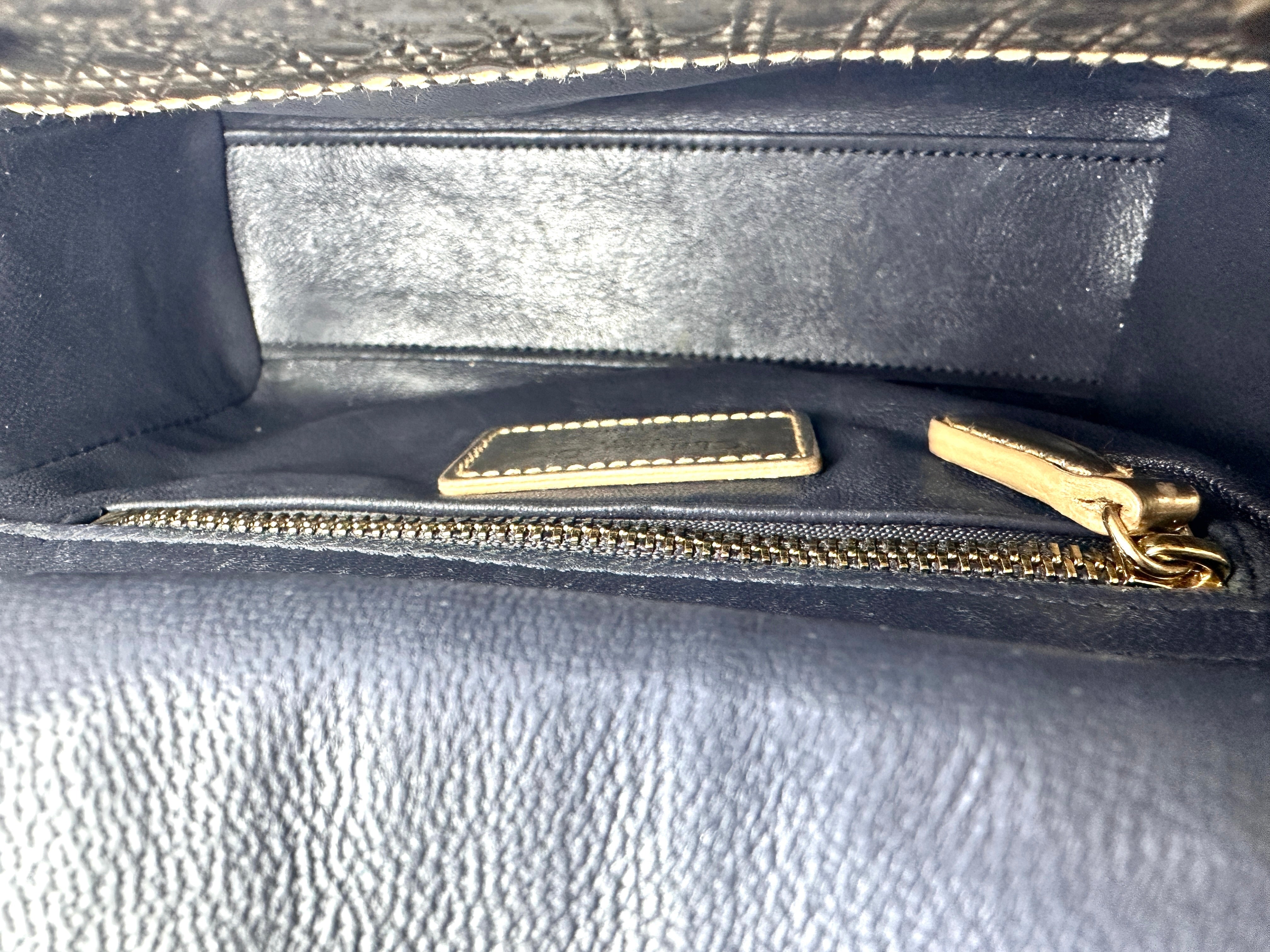 Christian Dior Lady Dior Silver Cannage Calfskin Handle Bag With Gold Charms