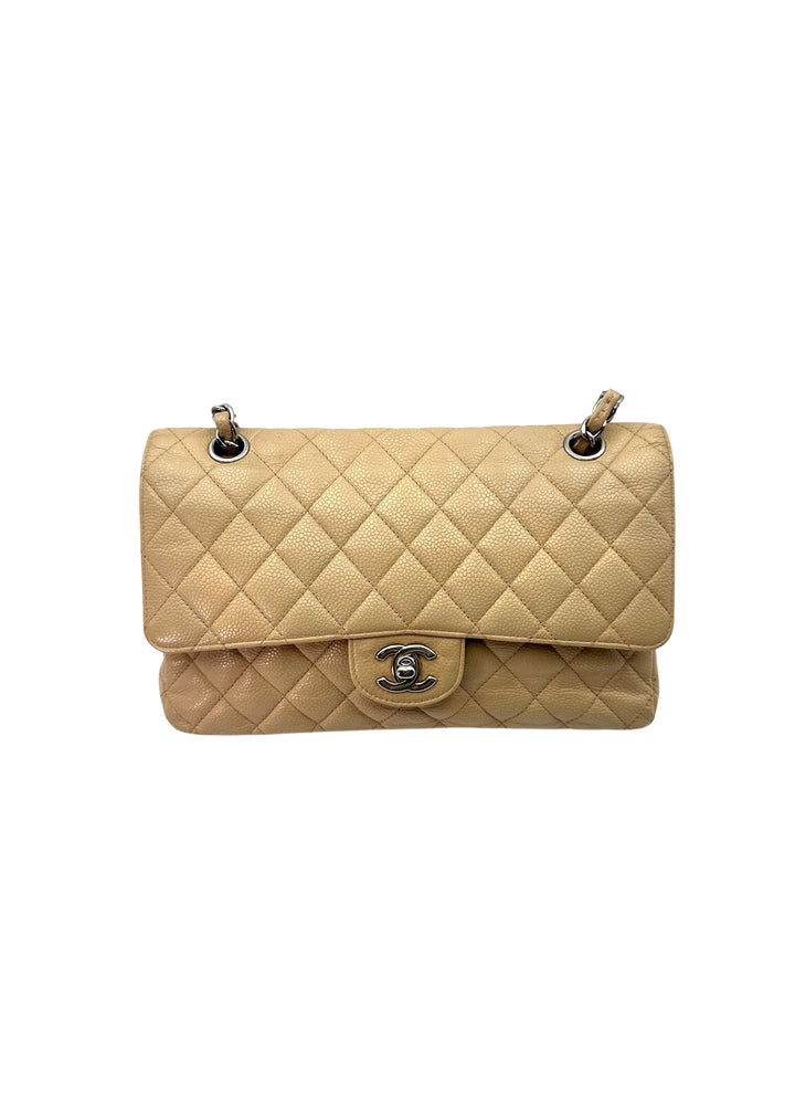 Chanel Classic Flap Beige Quilt Leather Chain Flap Bag With Silver Buckle