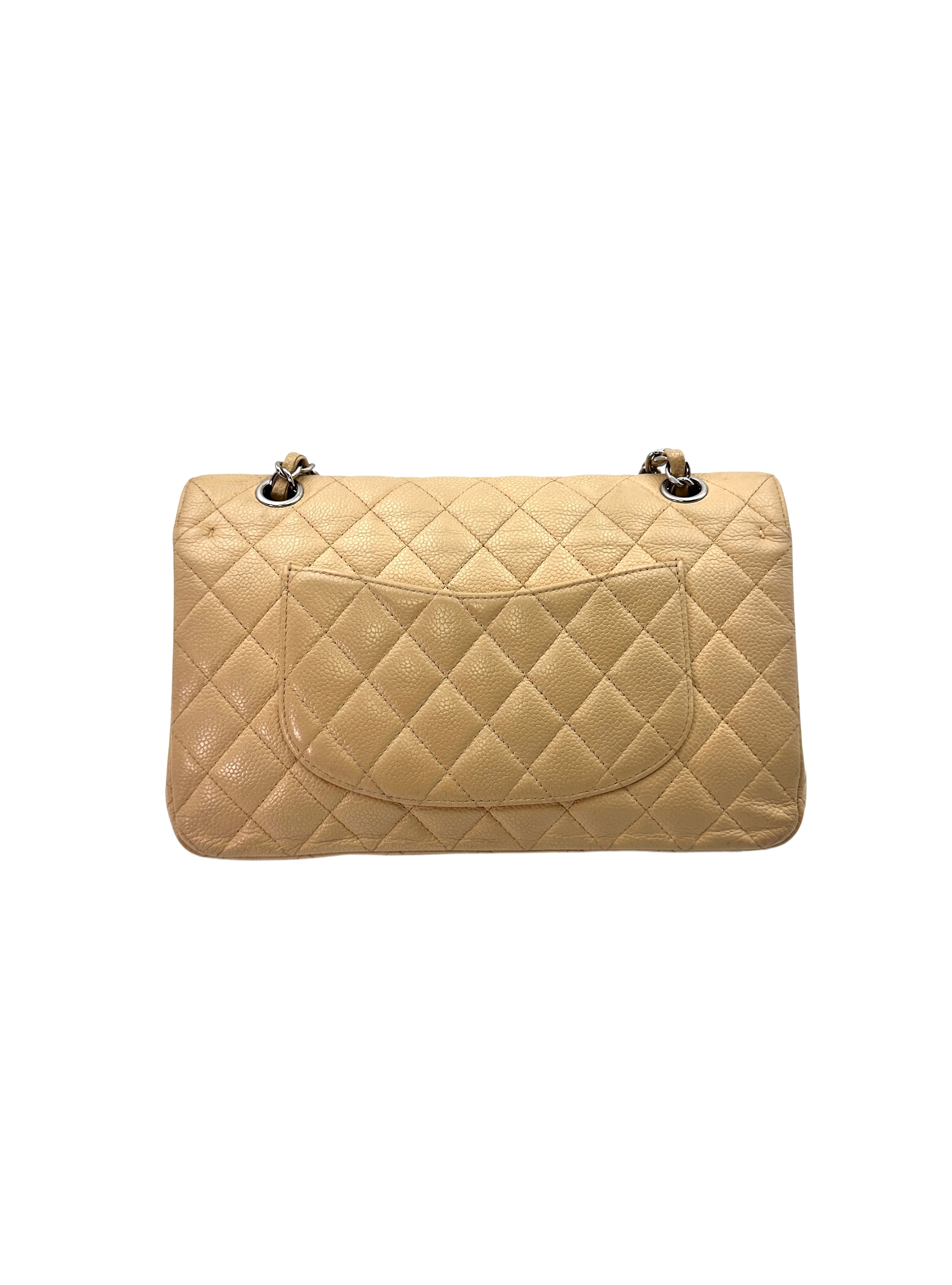 Chanel Classic Flap Beige Quilt Leather Chain Flap Bag With Silver Buckle