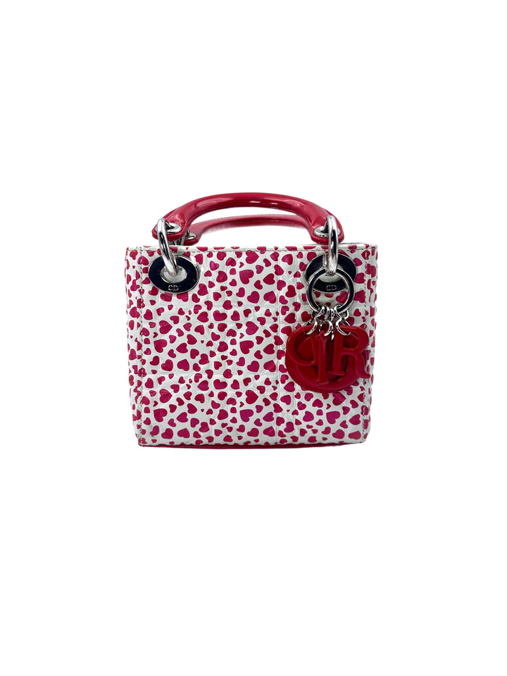 Christian Dior Lady Dior Heart Print Leather Micro Handle Bag With Red Charms