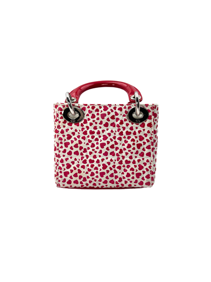 Christian Dior Lady Dior Heart Print Leather Micro Handle Bag With Red Charms