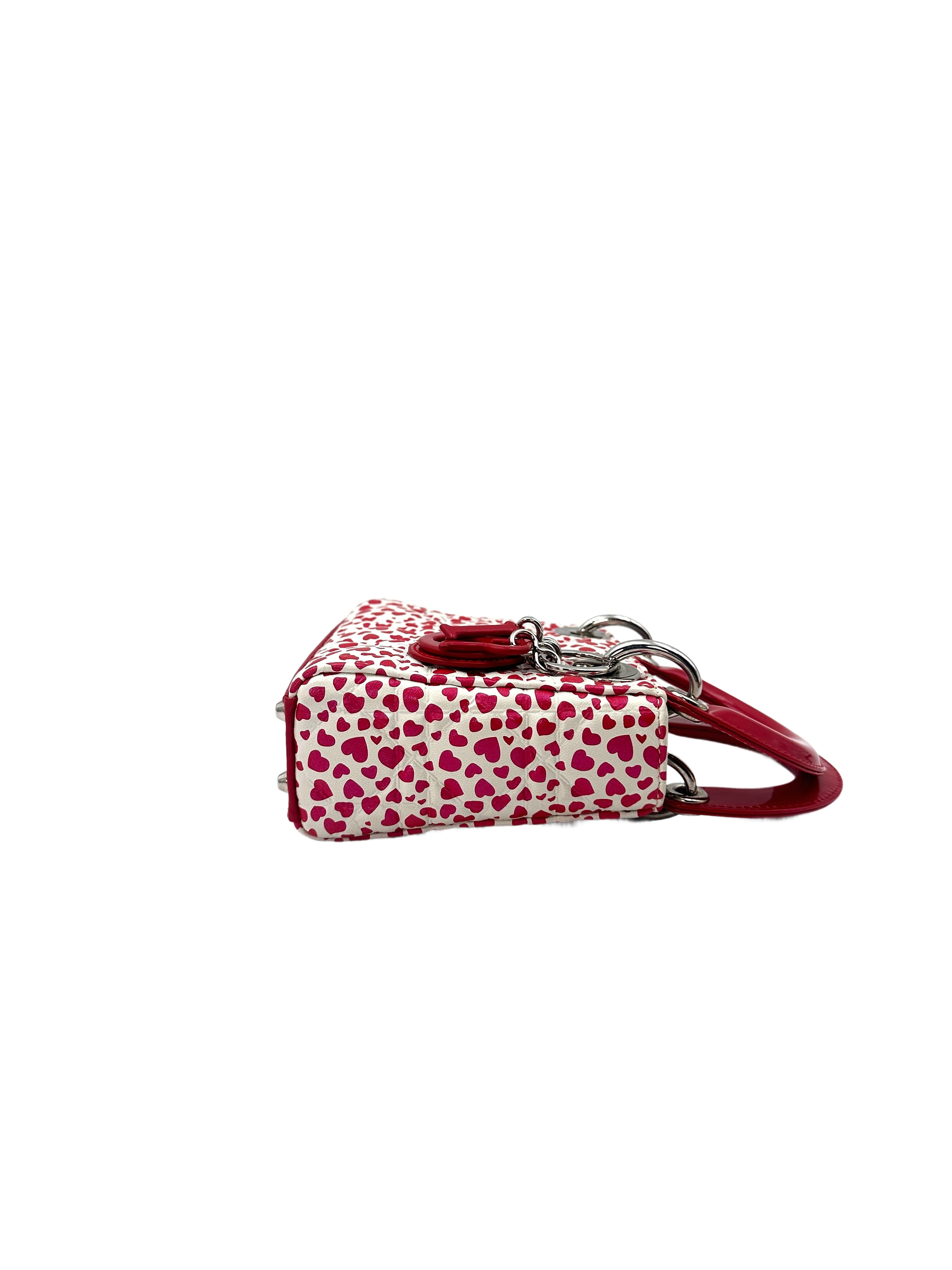 Christian Dior Lady Dior Heart Print Leather Micro Handle Bag With Red Charms