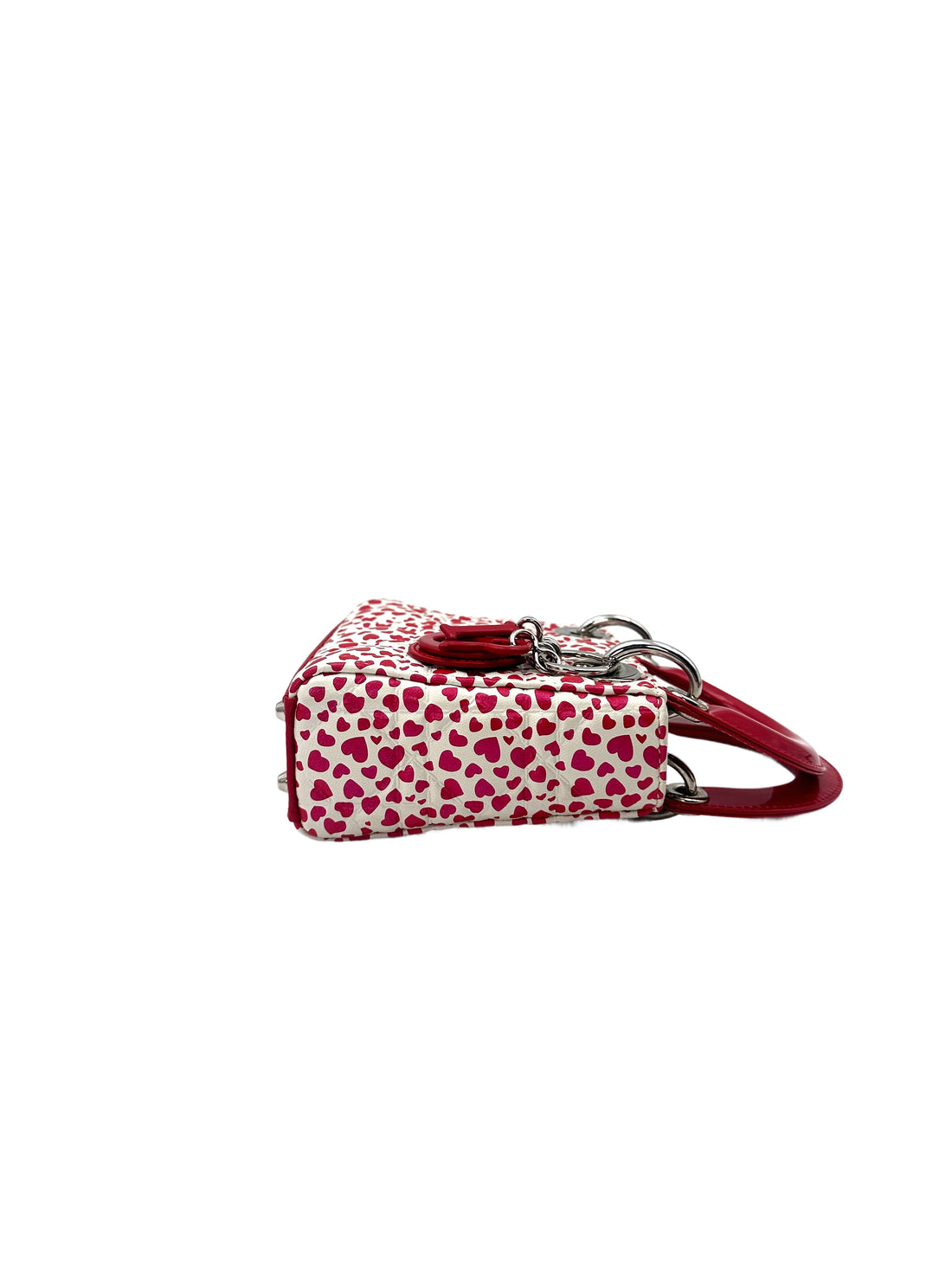 Christian Dior Lady Dior Heart Print Leather Micro Handle Bag With Red Charms