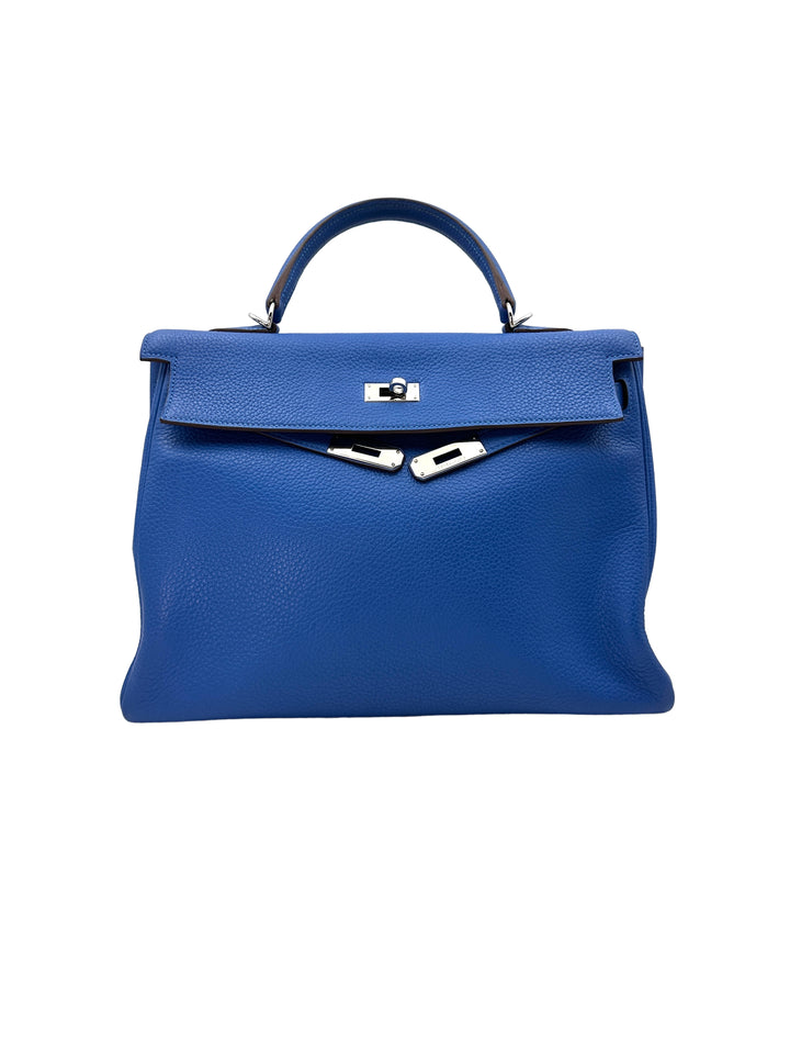 Hermes Kelly35 Blue Leather Handle Bag With Silver Hardware