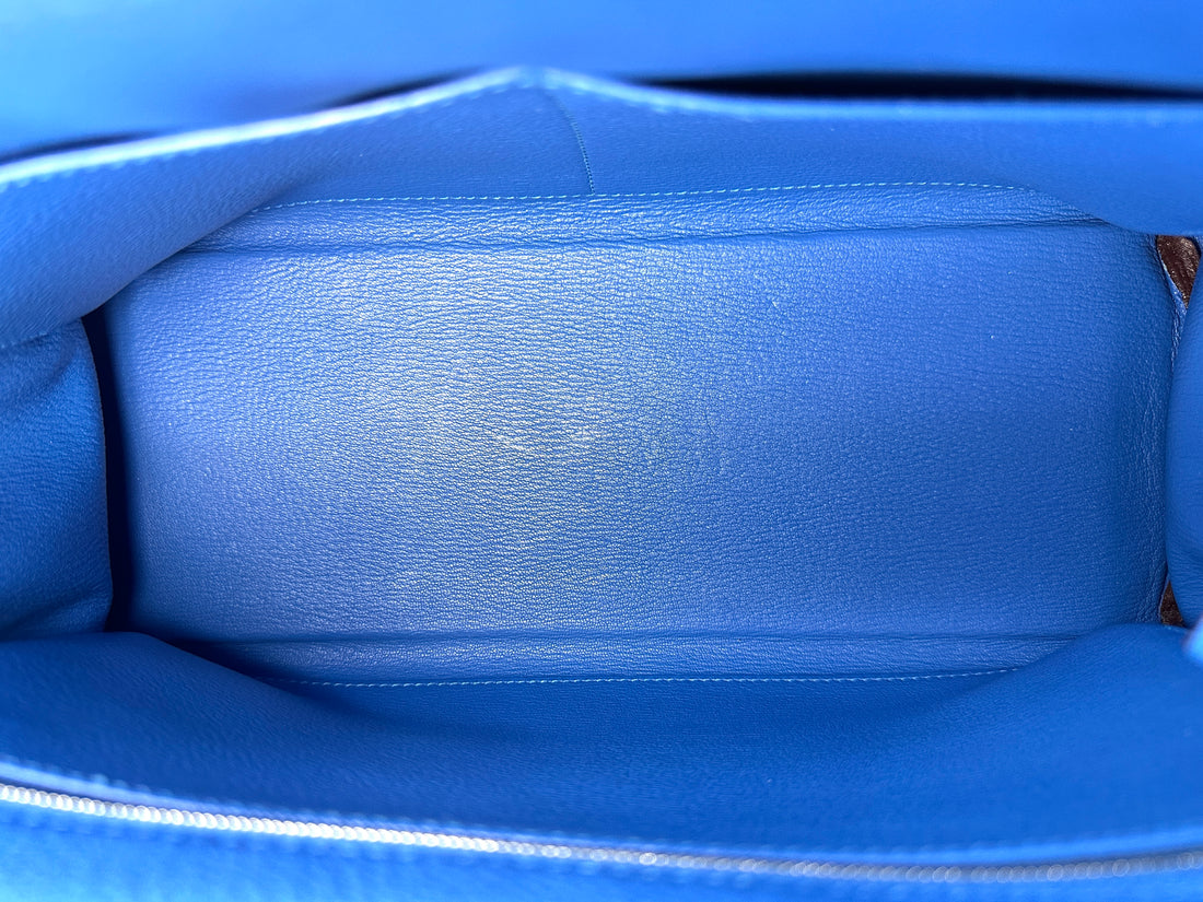 Hermes Kelly35 Blue Leather Handle Bag With Silver Hardware