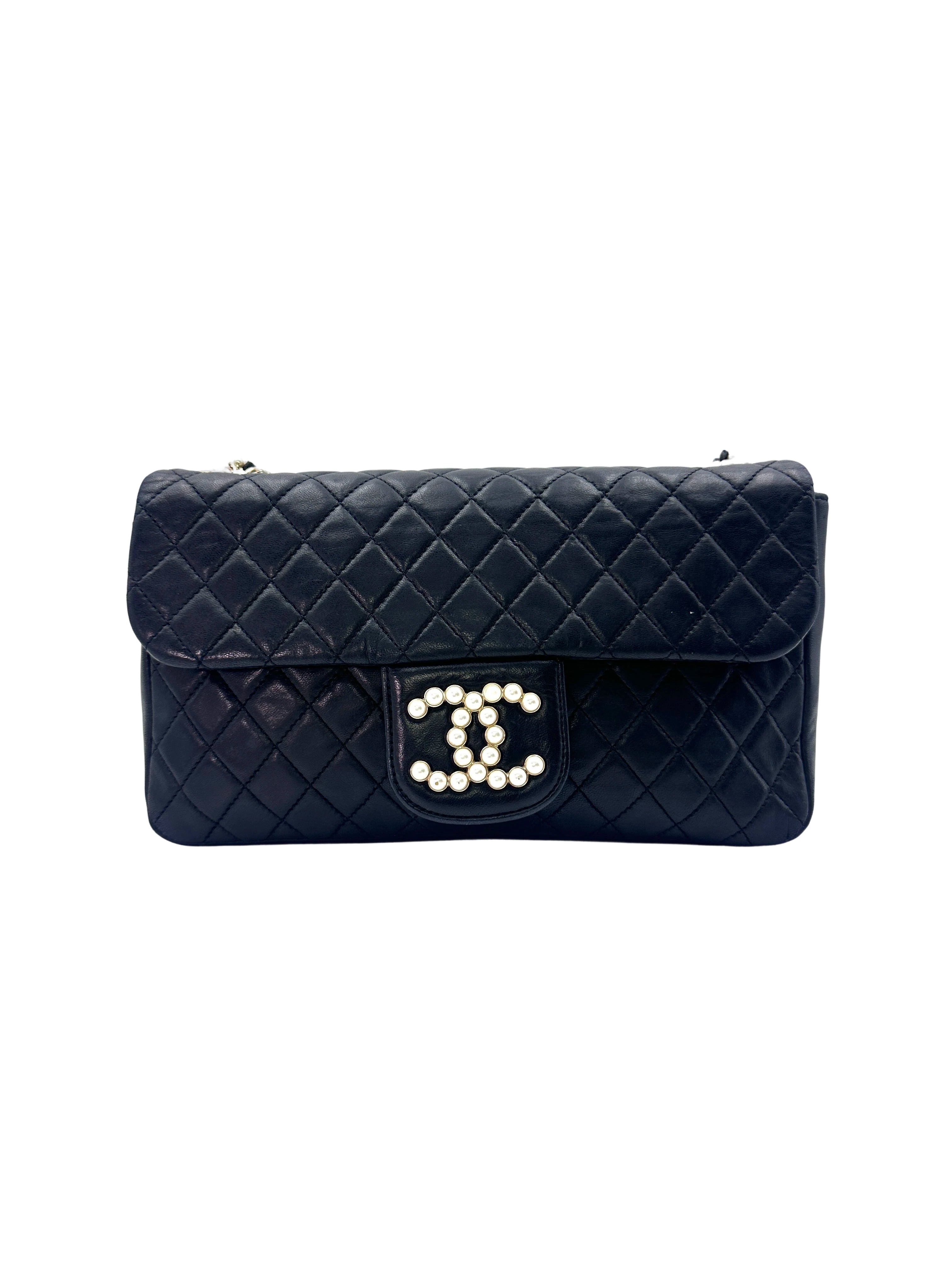 Chanel Westminster Pearl Black Quilted Leather Medium Size Flap Bag With Gold Hardware