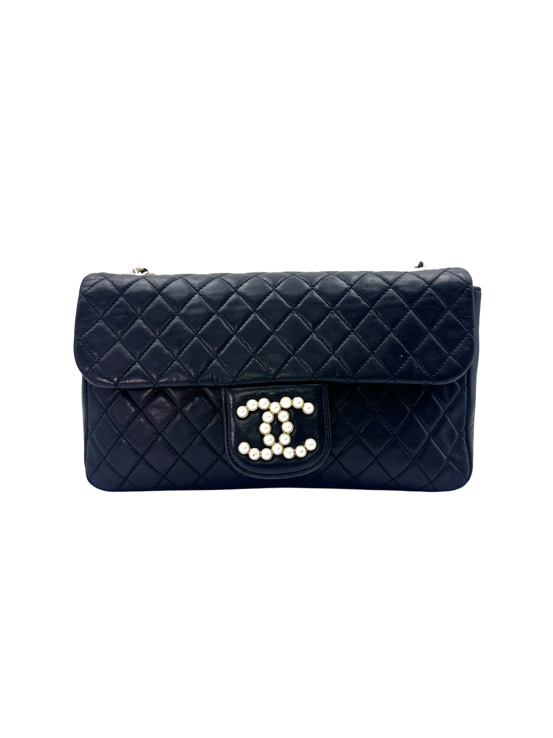 Chanel Westminster Pearl Black Quilted Leather Medium Size Flap Bag With Gold Hardware