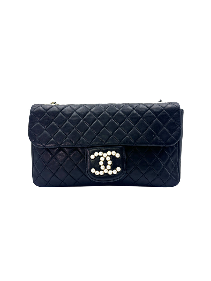 Chanel Westminster Pearl Black Quilted Leather Medium Size Flap Bag With Gold Hardware