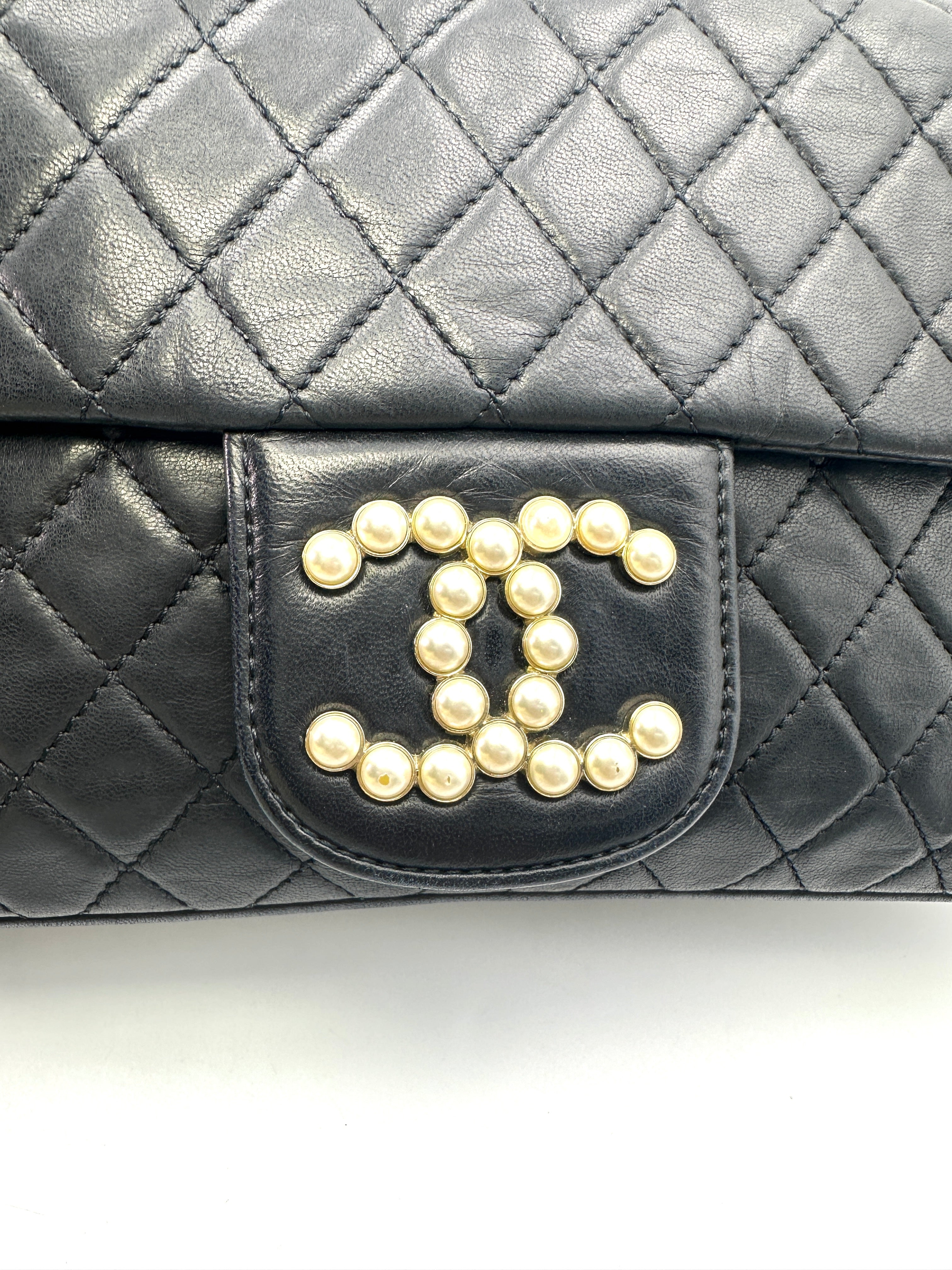 Chanel Westminster Pearl Black Quilted Leather Medium Size Flap Bag With Gold Hardware