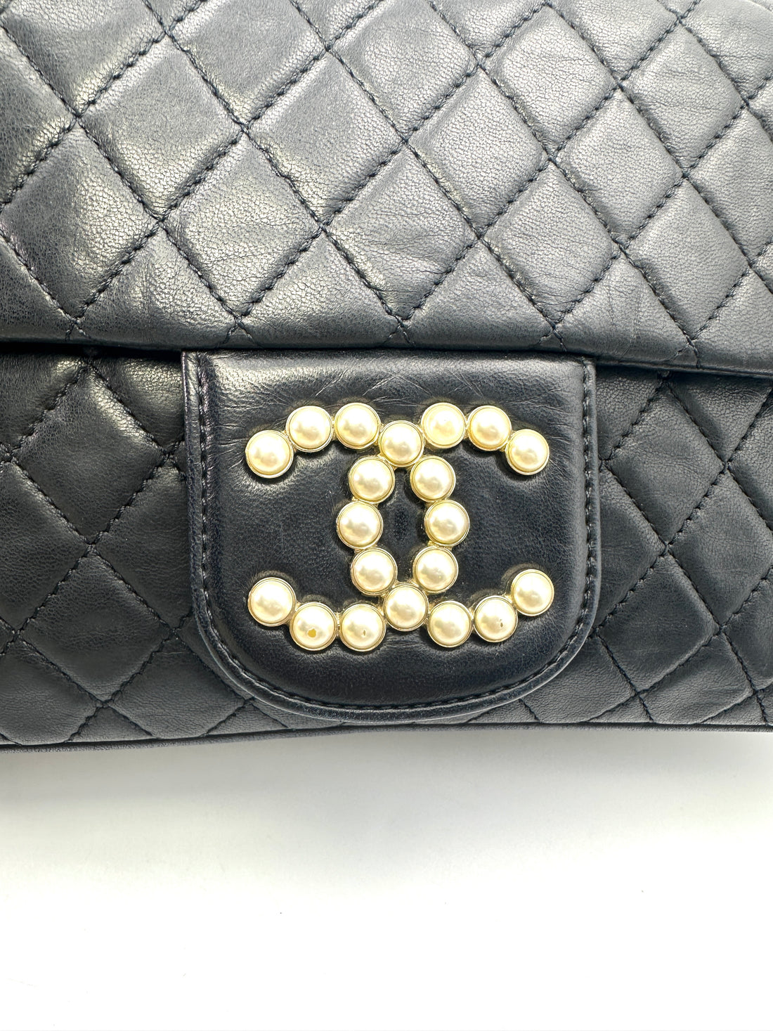 Chanel Westminster Pearl Black Quilted Leather Medium Size Flap Bag With Gold Hardware