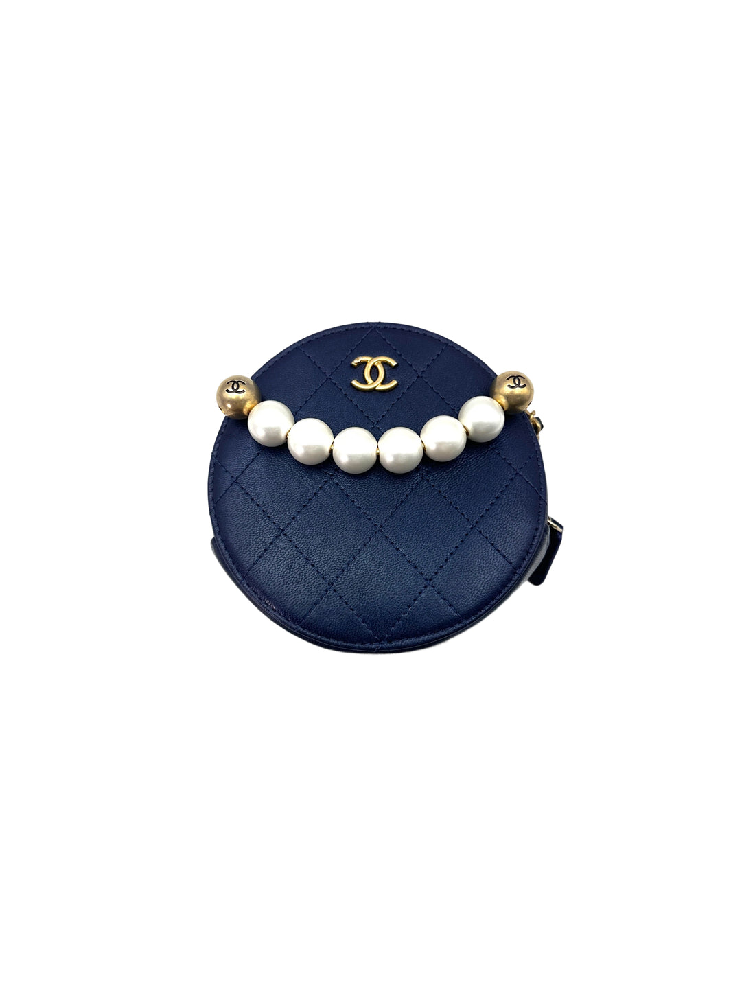 Chanel Chic Pearls Navy Quilted Leather Round Clutch