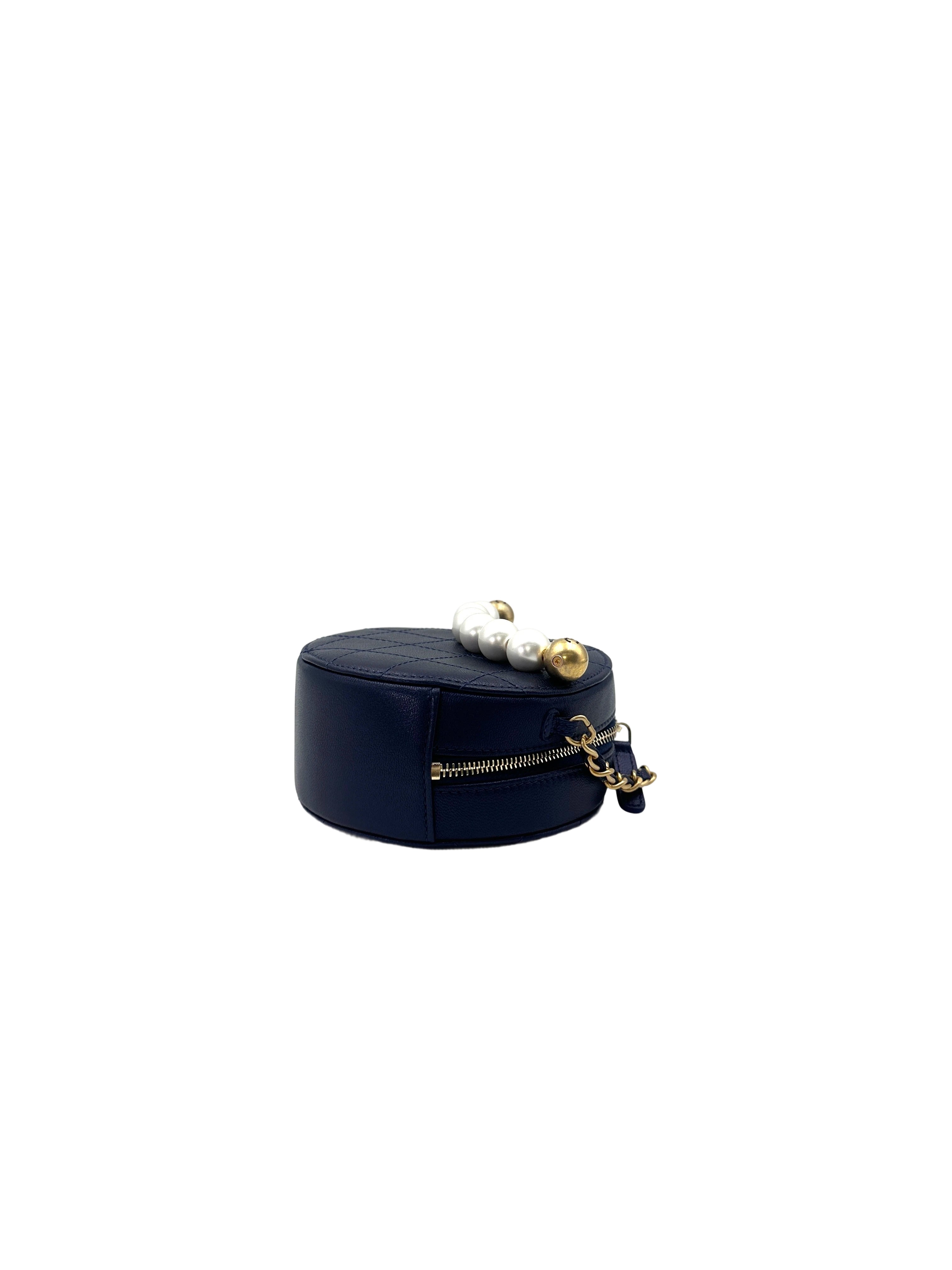 Chanel Chic Pearls Navy Quilted Leather Round Clutch