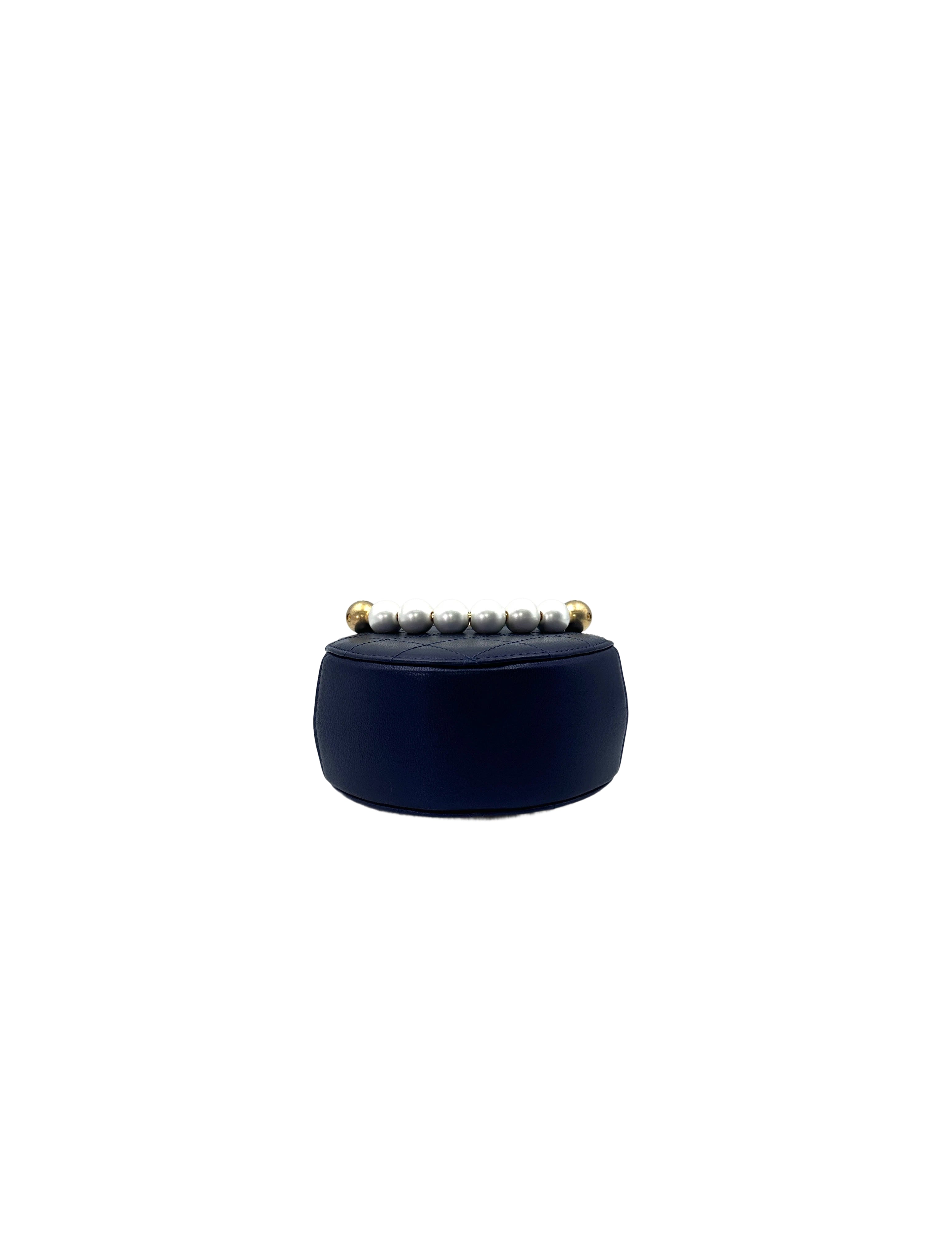 Chanel Chic Pearls Navy Quilted Leather Round Clutch