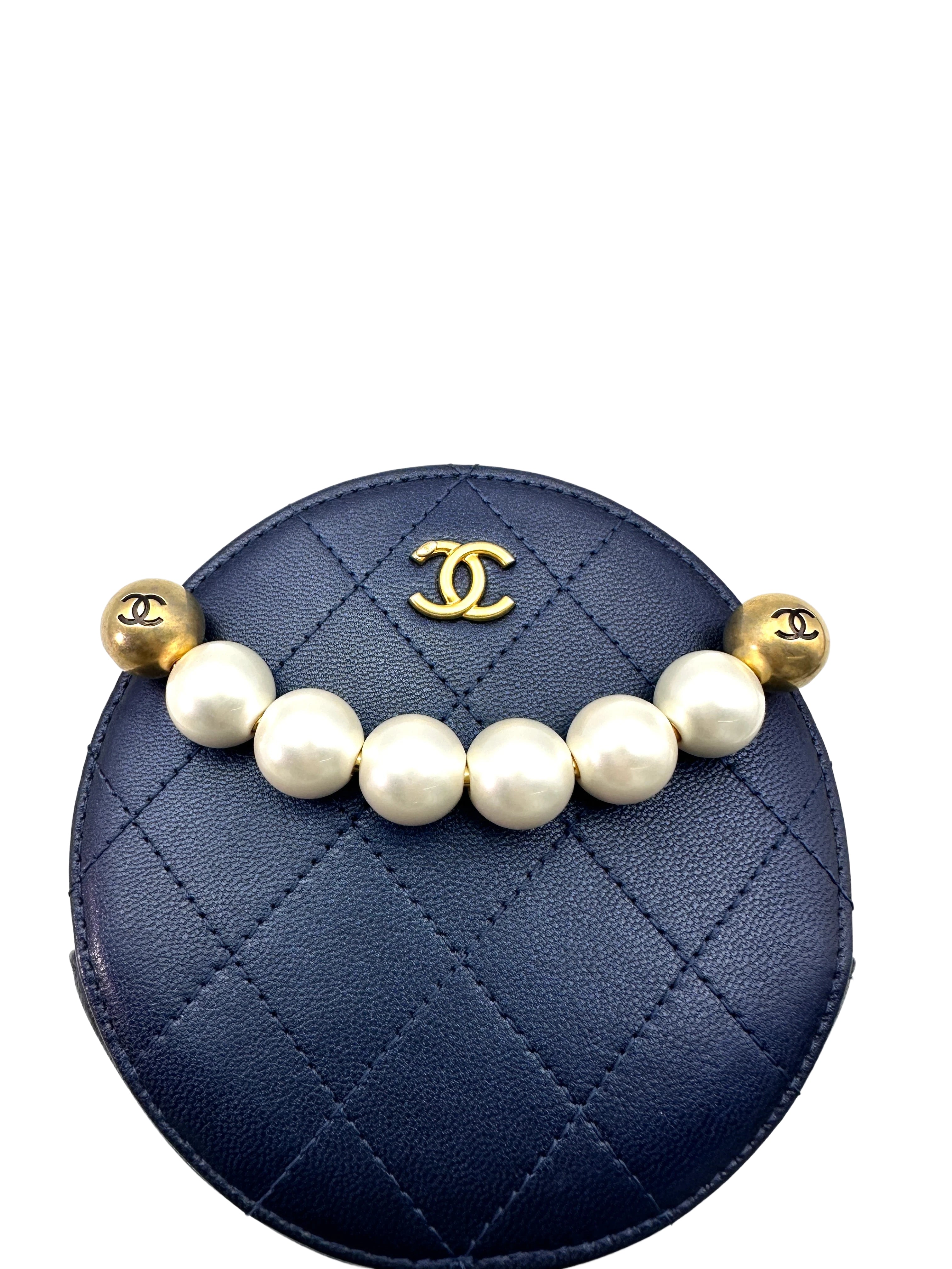Chanel Chic Pearls Navy Quilted Leather Round Clutch