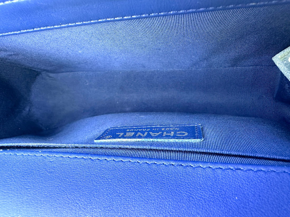 Chanel LeBoy Blue Quilted Calfskin Medium Size Flap Bag With Black Buckle