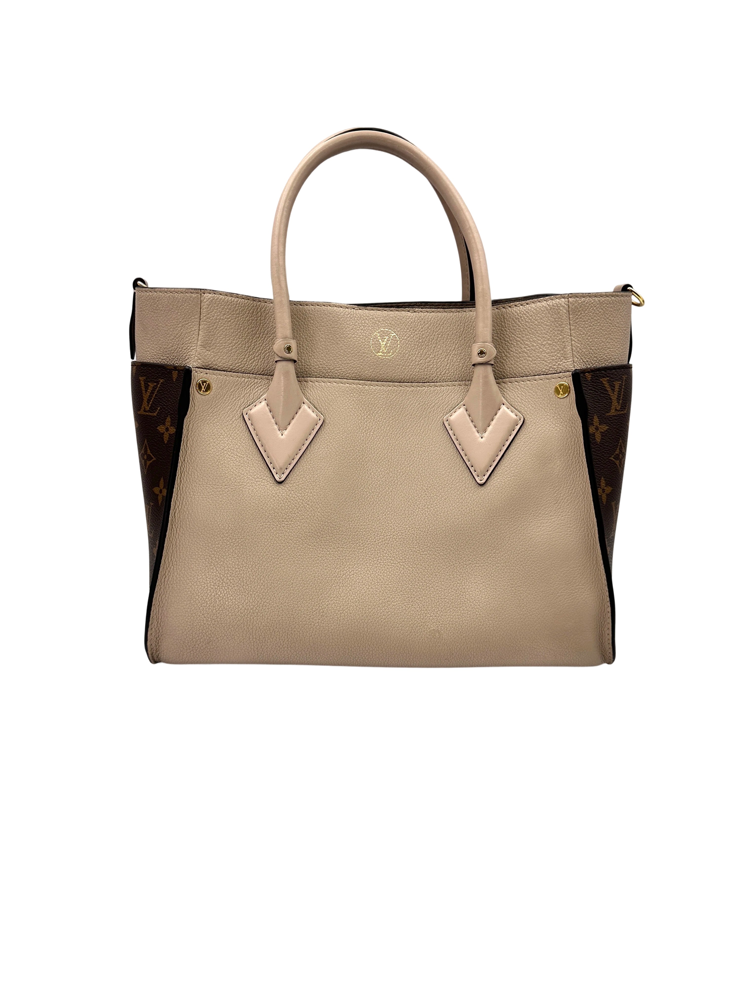 Louis Vuitton On My Side MM Beige Leather & Monogram Canvas Handle Bag