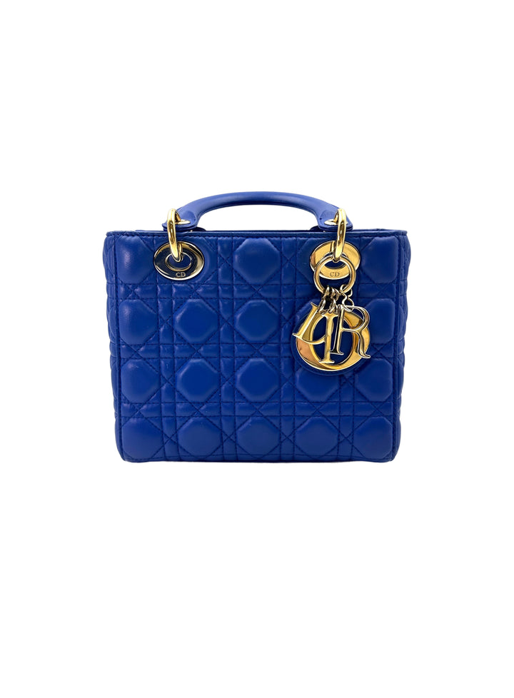 Christian Dior Lady Dior Blue Cannage Leather Handle Bag With Gold Charms
