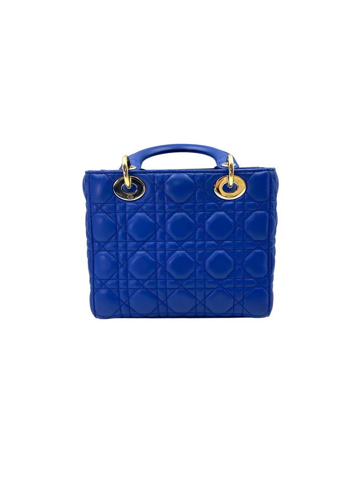 Christian Dior Lady Dior Blue Cannage Leather Handle Bag With Gold Charms