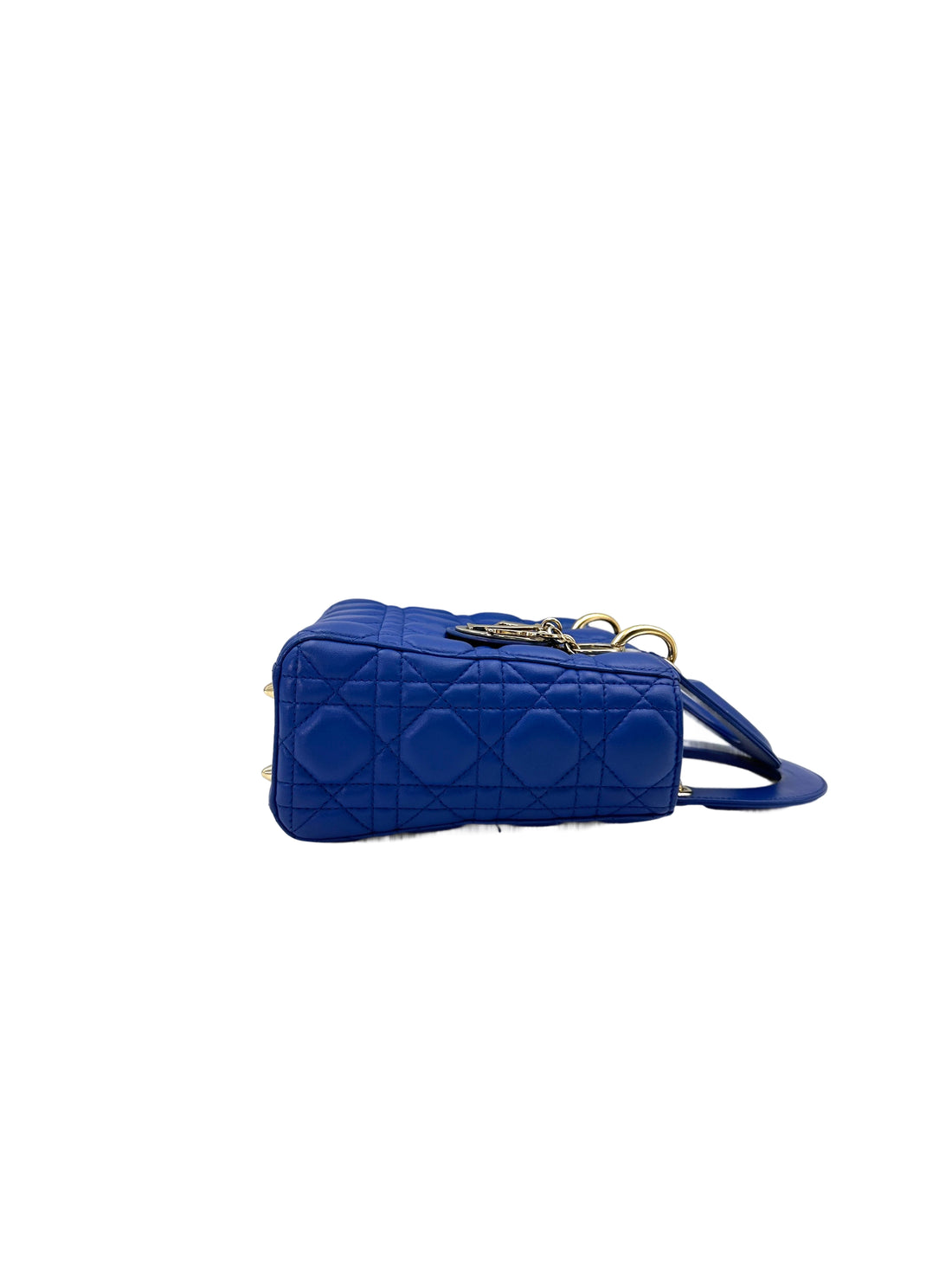 Christian Dior Lady Dior Blue Cannage Leather Handle Bag With Gold Charms