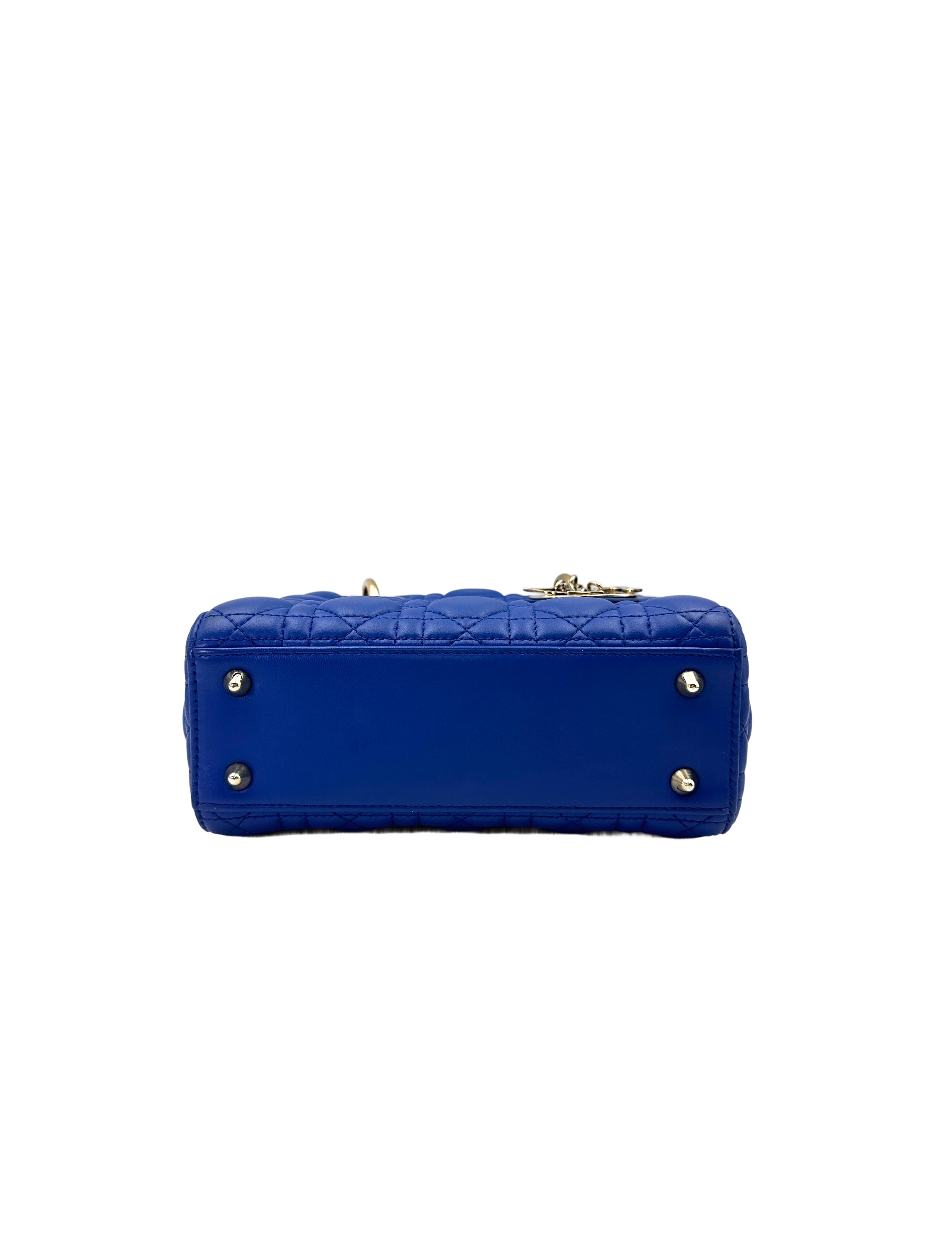 Christian Dior Lady Dior Blue Cannage Leather Handle Bag With Gold Charms