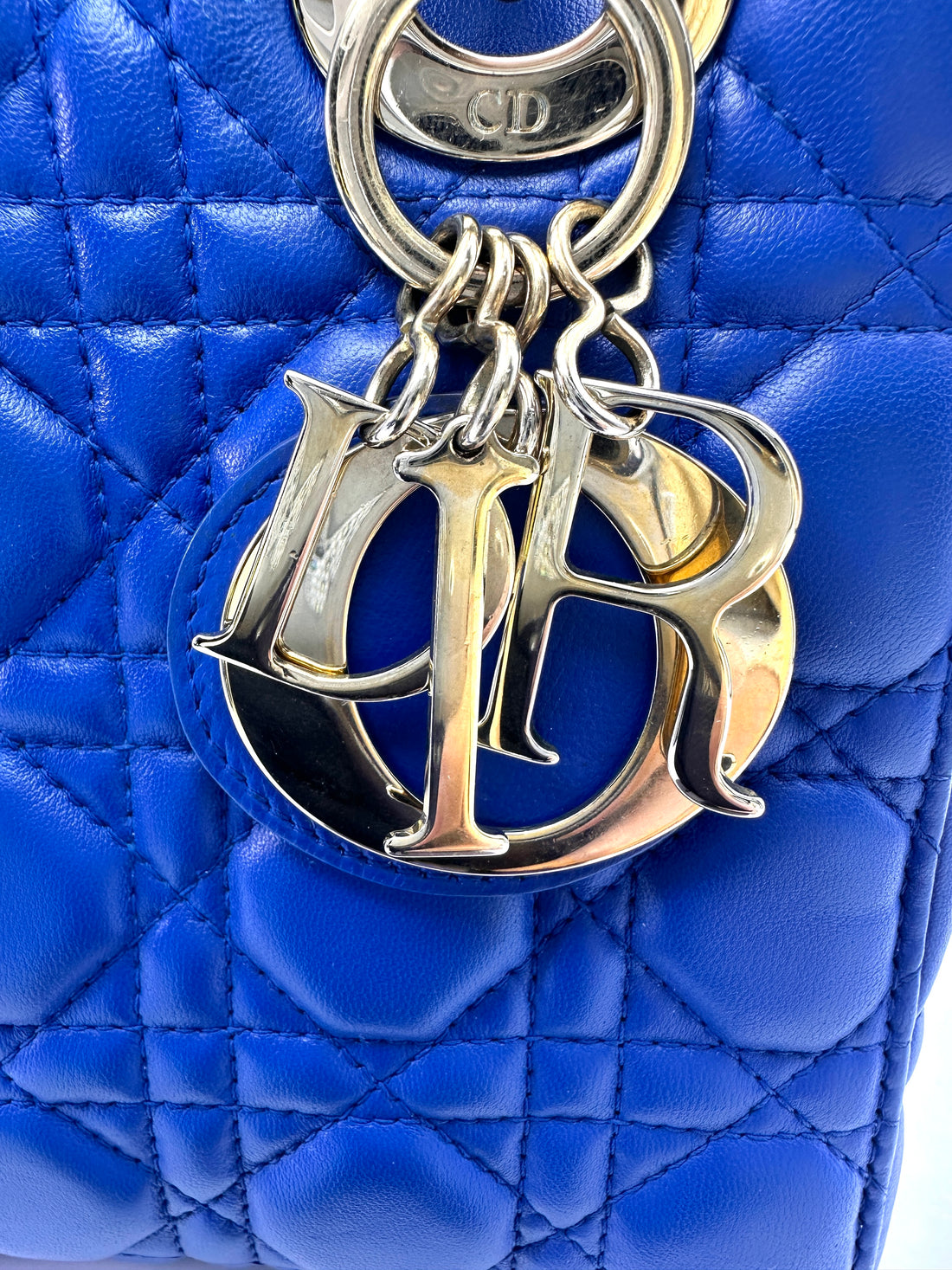 Christian Dior Lady Dior Blue Cannage Leather Handle Bag With Gold Charms