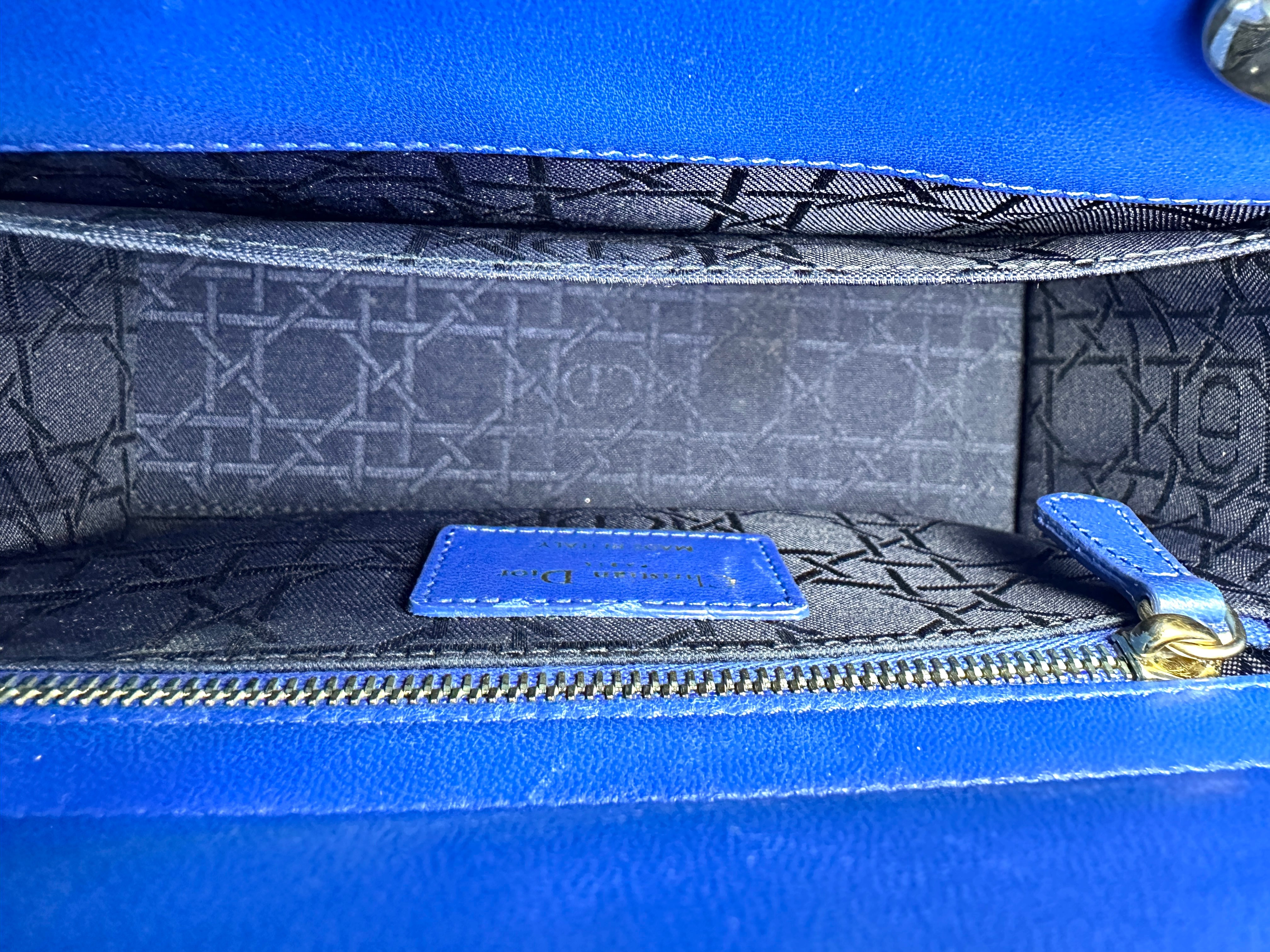 Christian Dior Lady Dior Blue Cannage Leather Handle Bag With Gold Charms