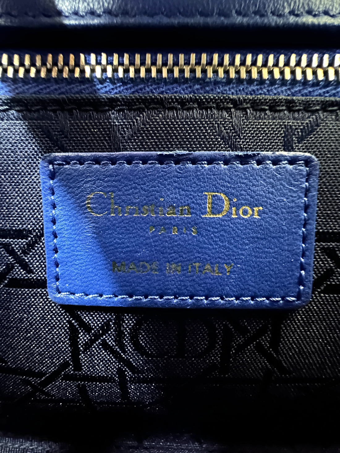 Christian Dior Lady Dior Blue Cannage Leather Handle Bag With Gold Charms