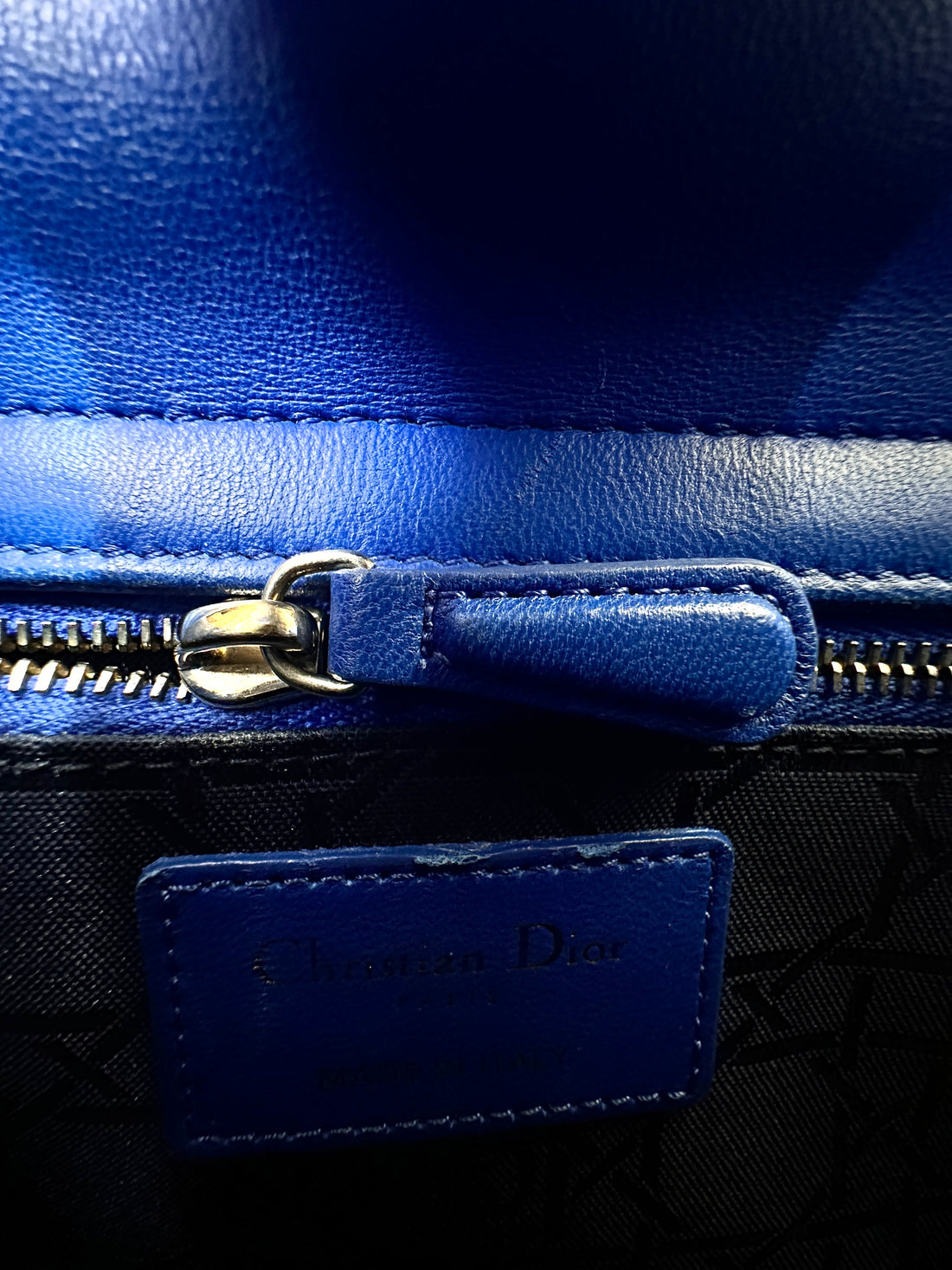 Christian Dior Lady Dior Blue Cannage Leather Handle Bag With Gold Charms
