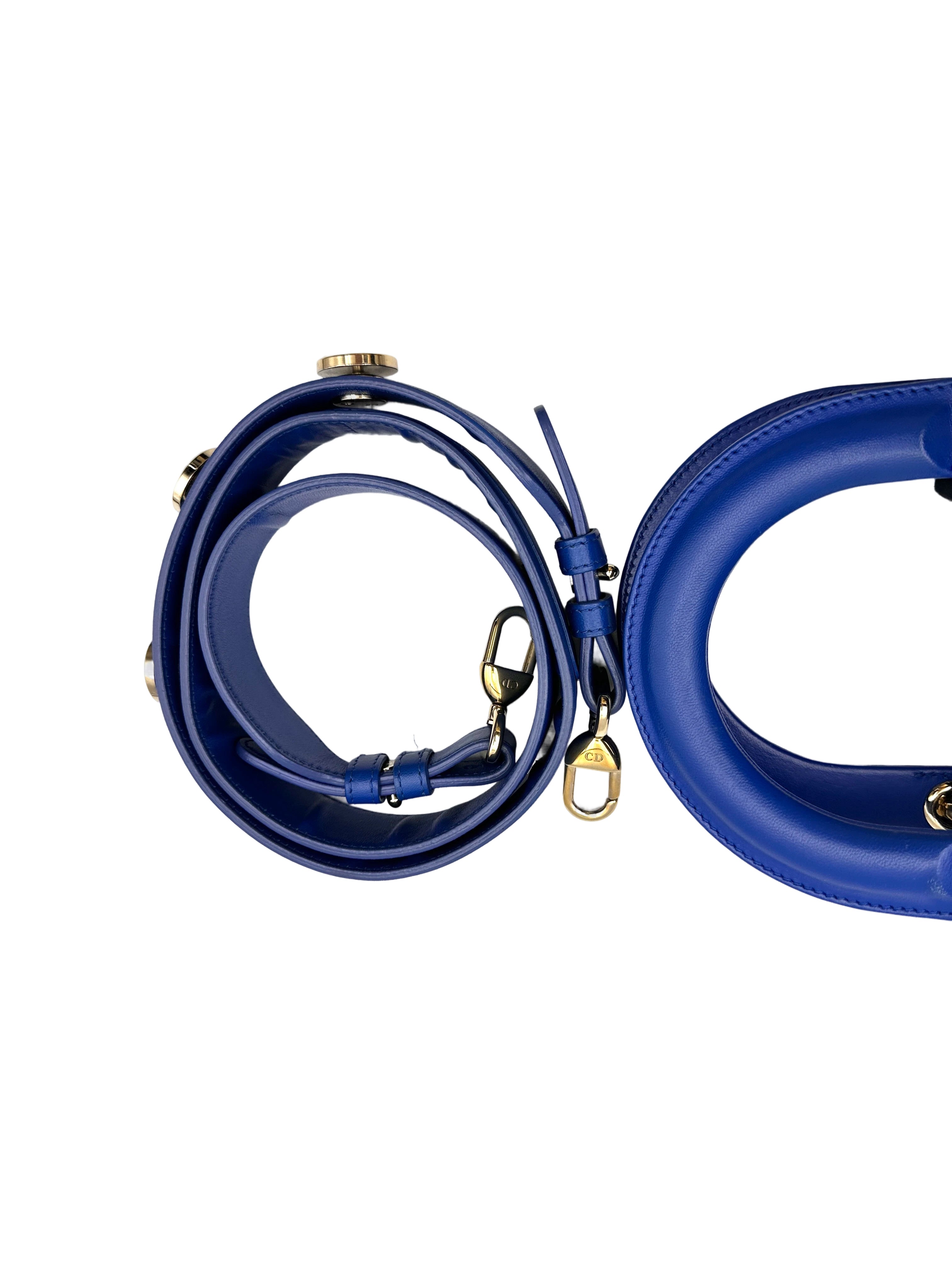 Christian Dior Lady Dior Blue Cannage Leather Handle Bag With Gold Charms