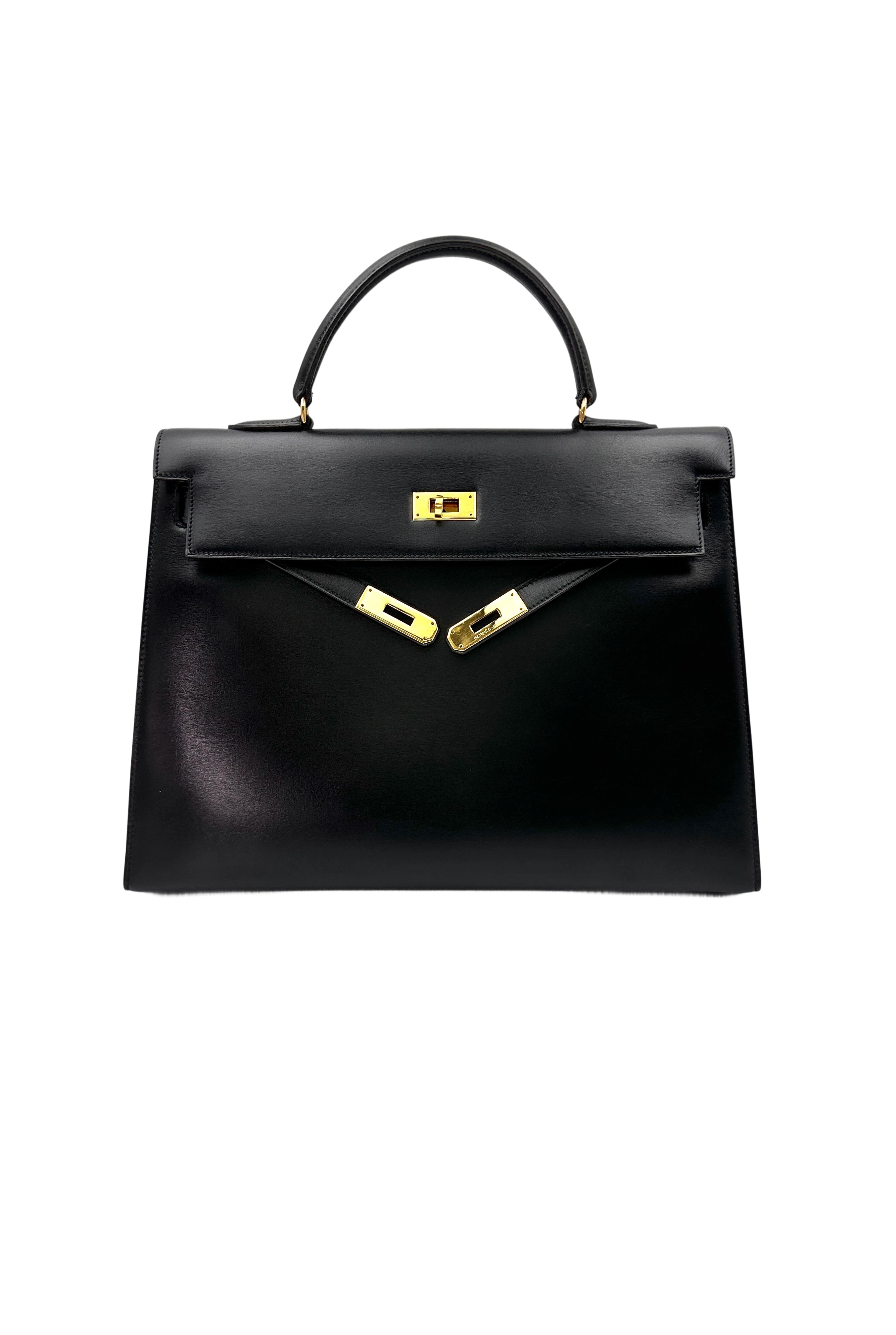 Hermes Kelly35 Black Leather Handle Bag With Gold Hardware