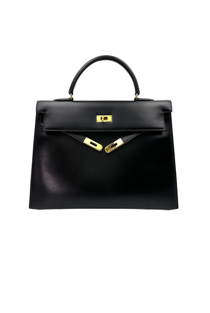 Hermes Kelly35 Black Leather Handle Bag With Gold Hardware