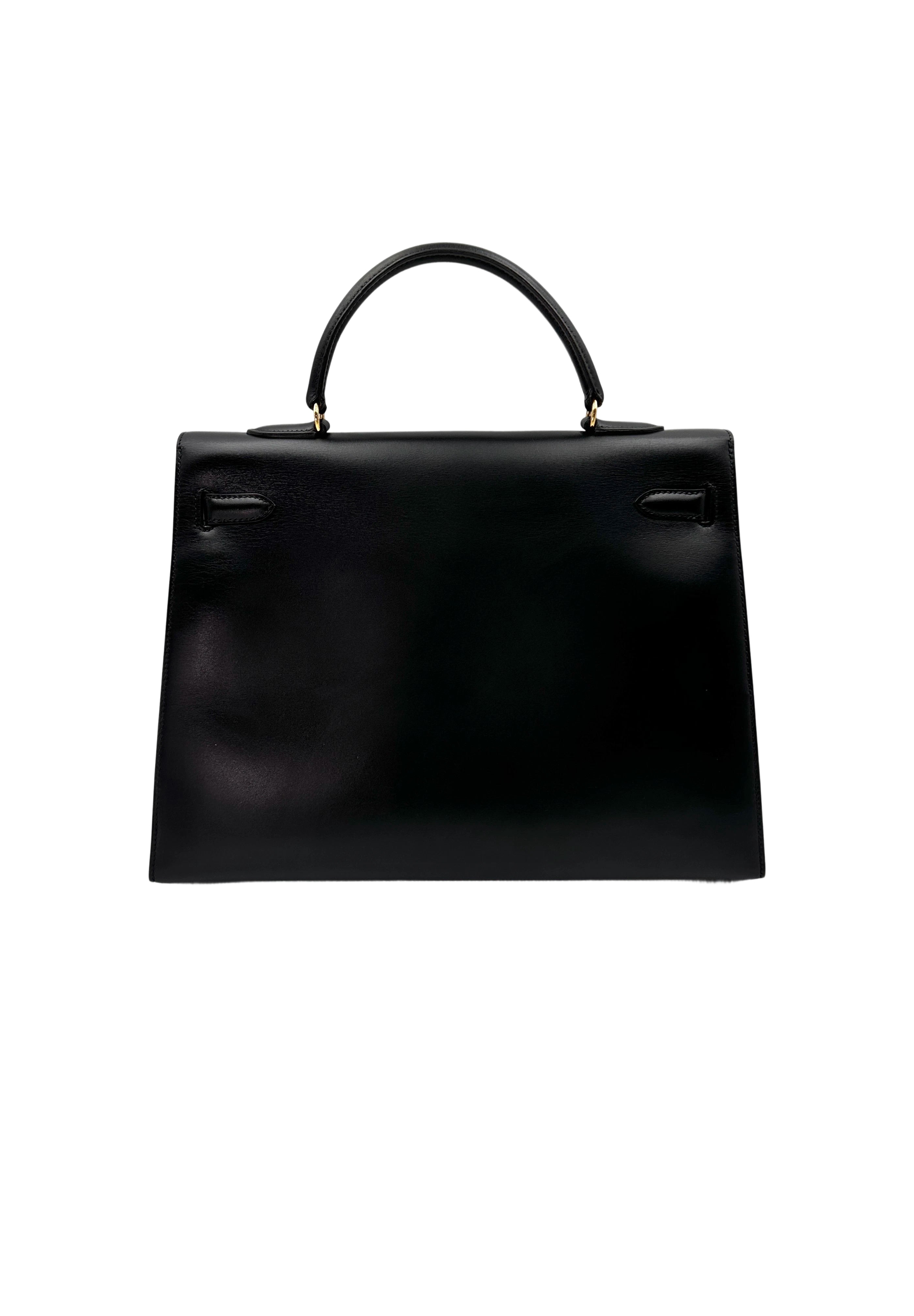 Hermes Kelly35 Black Leather Handle Bag With Gold Hardware