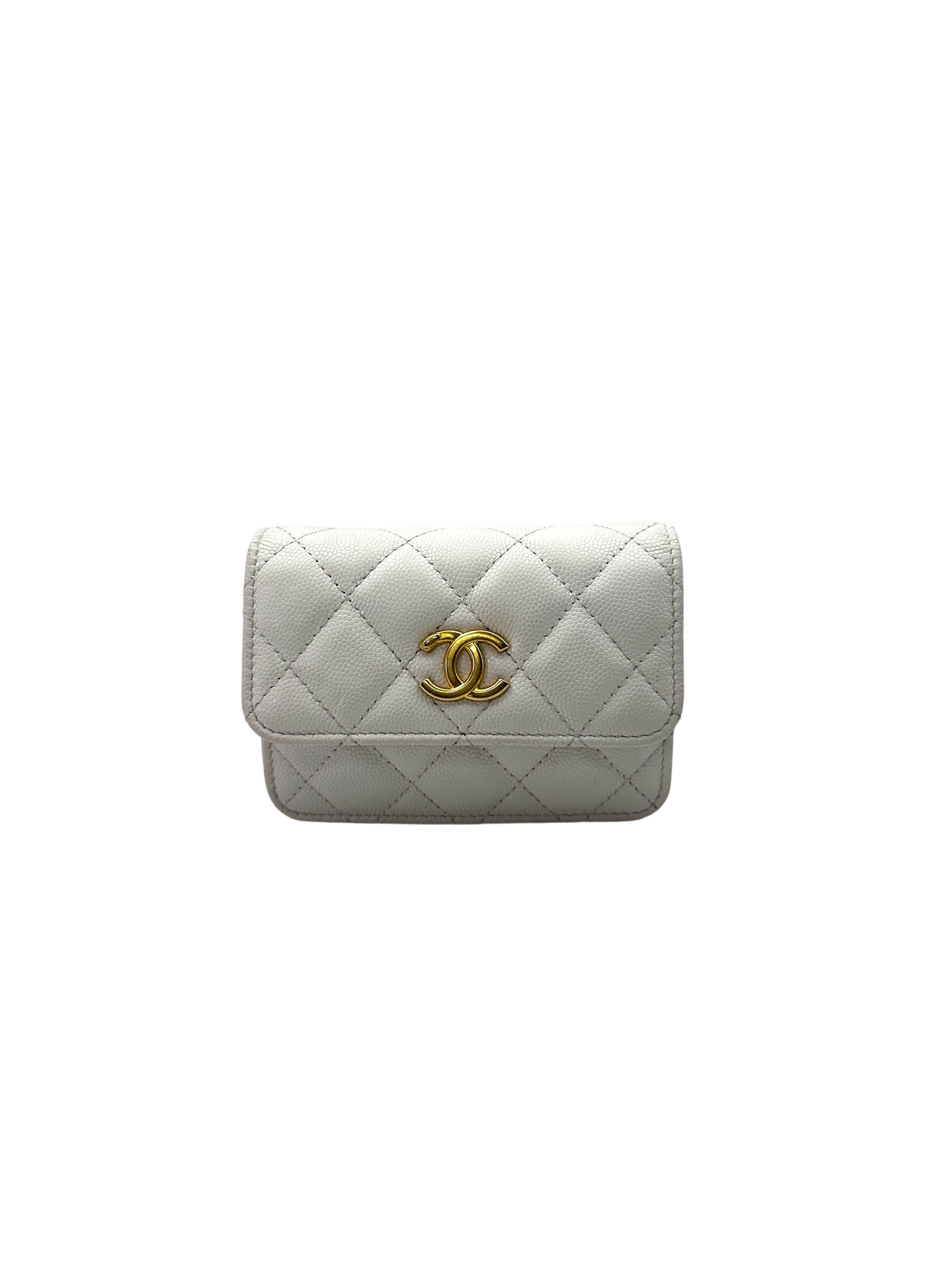 Chanel 22A White Quilted Leather Mini Wallet On Chain With Gold Hardware
