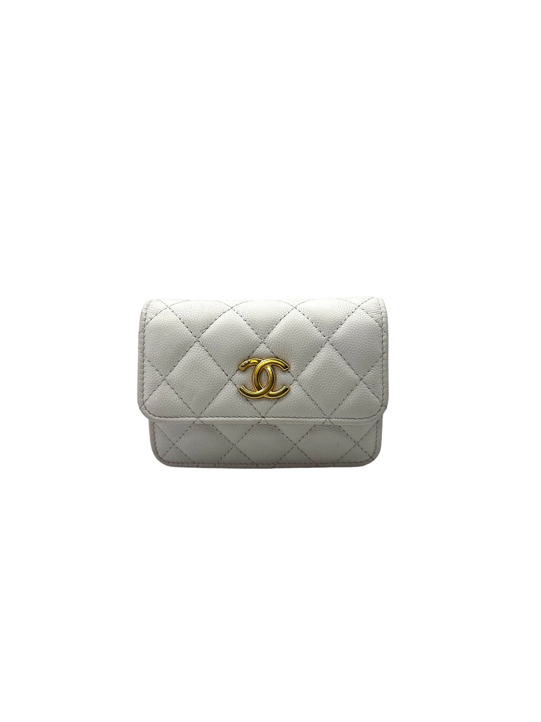 Chanel 22A White Quilted Leather Mini Wallet On Chain With Gold Hardware