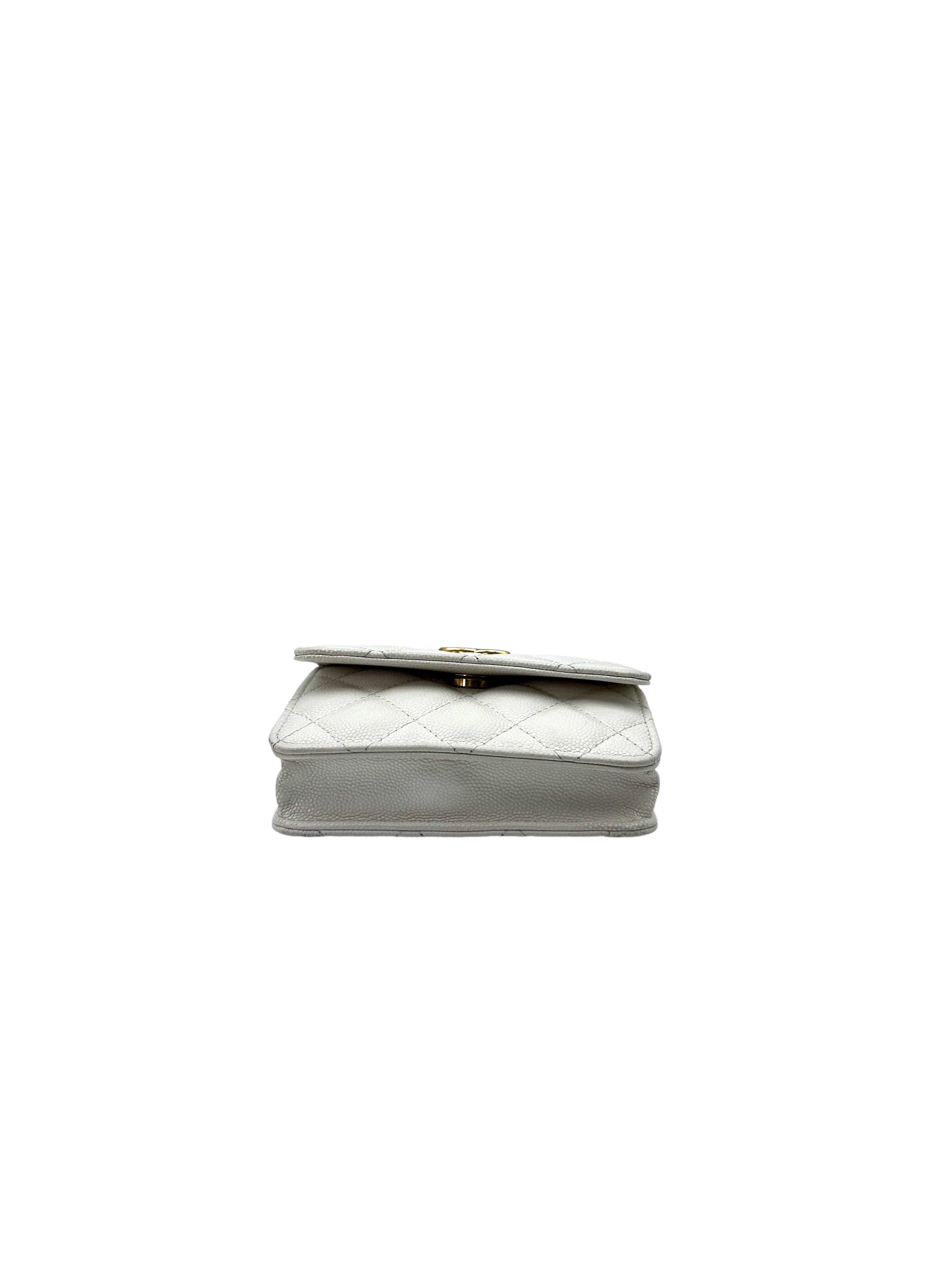 Chanel 22A White Quilted Leather Mini Wallet On Chain With Gold Hardware