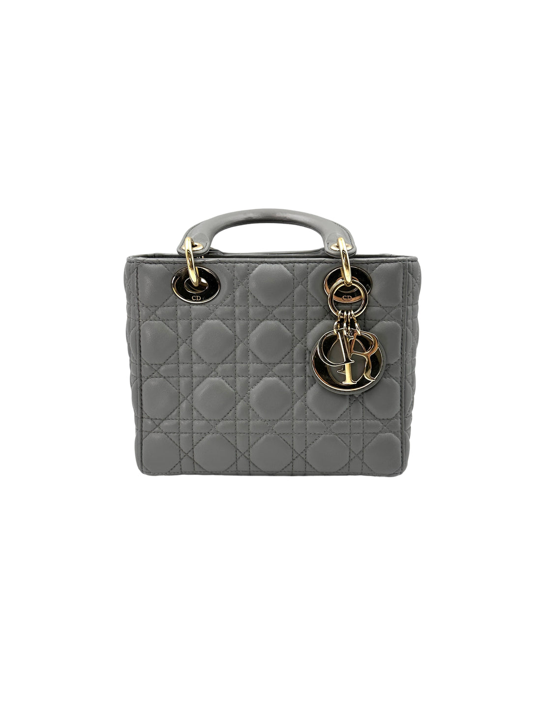 Christian Dior Lady Dior Grey Cannage Leather Handle Bag With Gold Charms