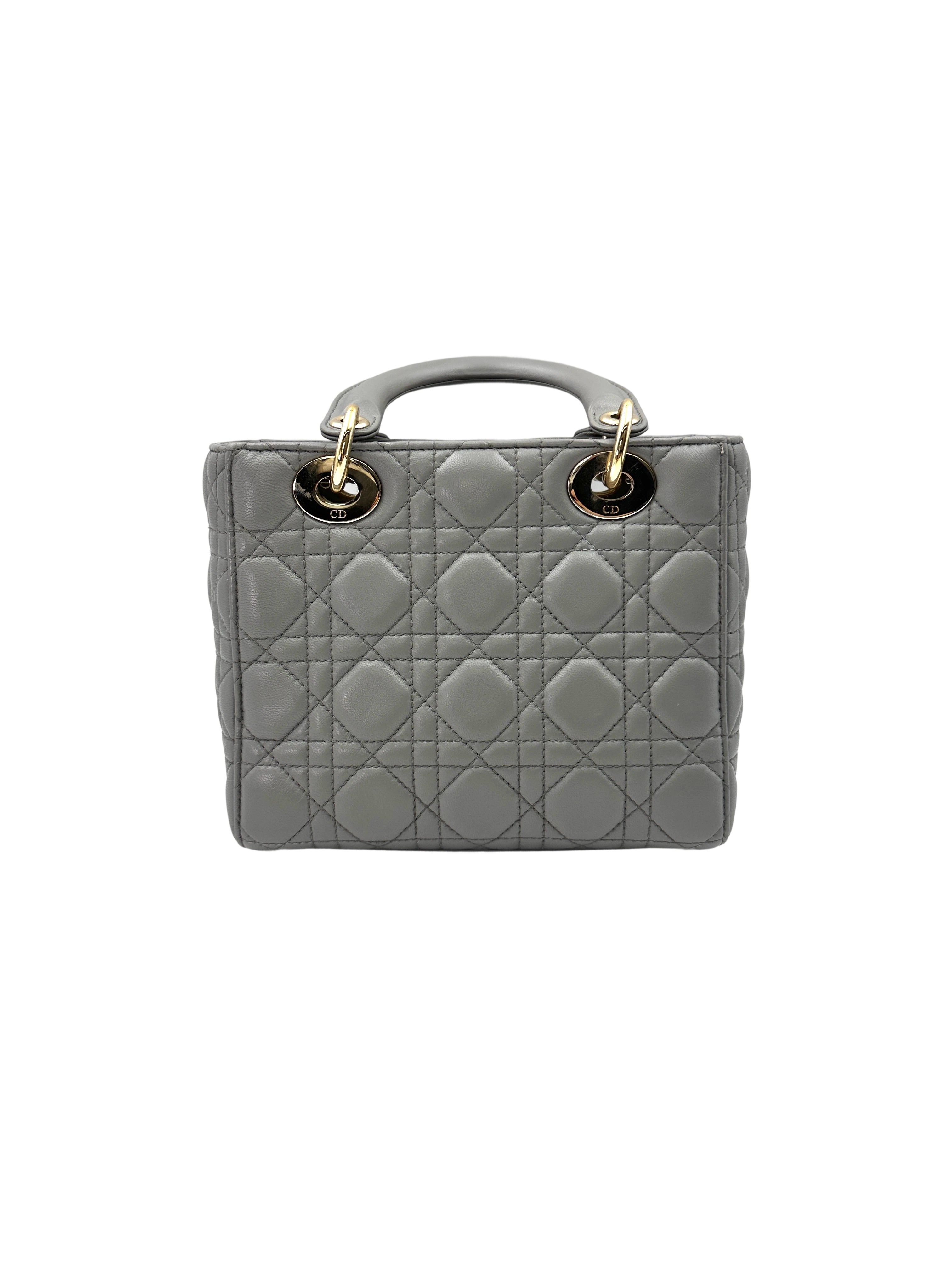 Christian Dior Lady Dior Grey Cannage Leather Handle Bag With Gold Charms