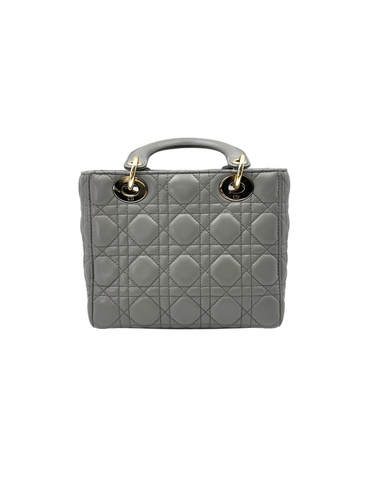 Christian Dior Lady Dior Grey Cannage Leather Handle Bag With Gold Charms