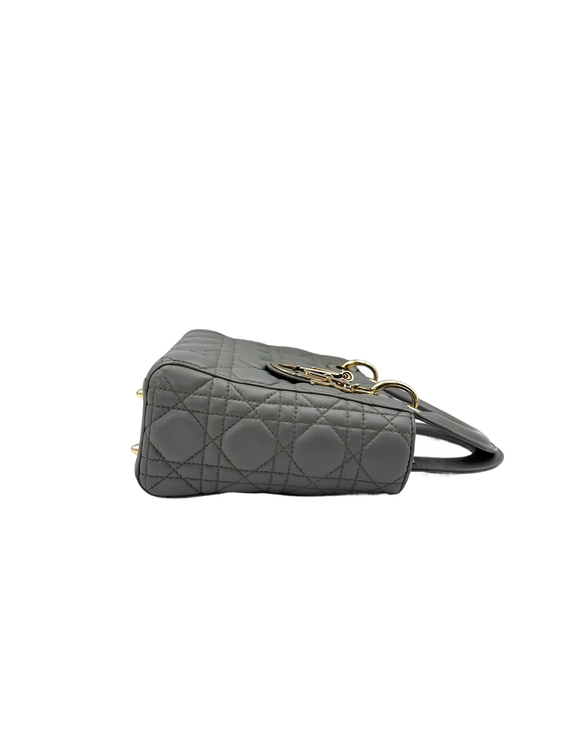 Christian Dior Lady Dior Grey Cannage Leather Handle Bag With Gold Charms