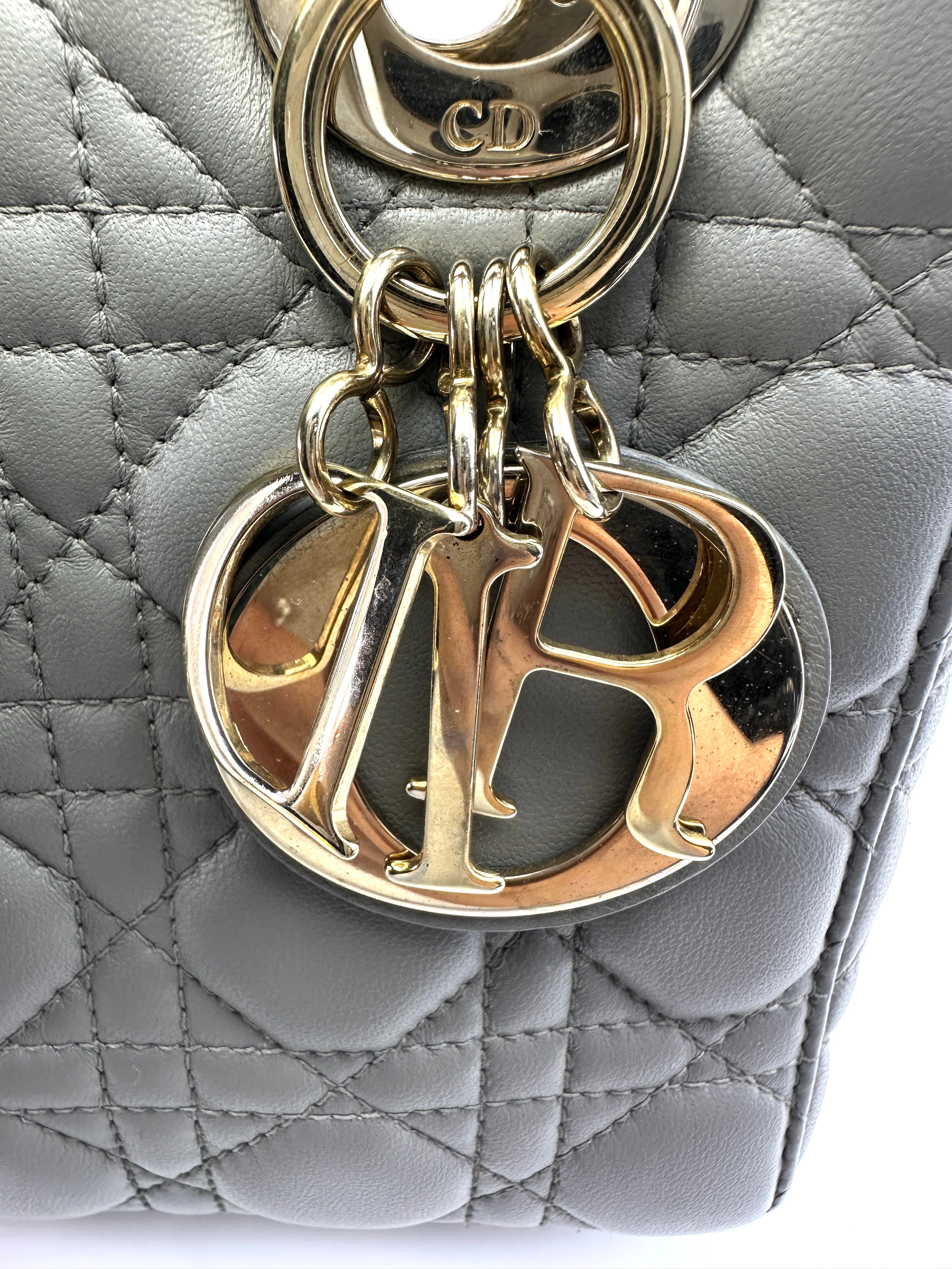 Christian Dior Lady Dior Grey Cannage Leather Handle Bag With Gold Charms