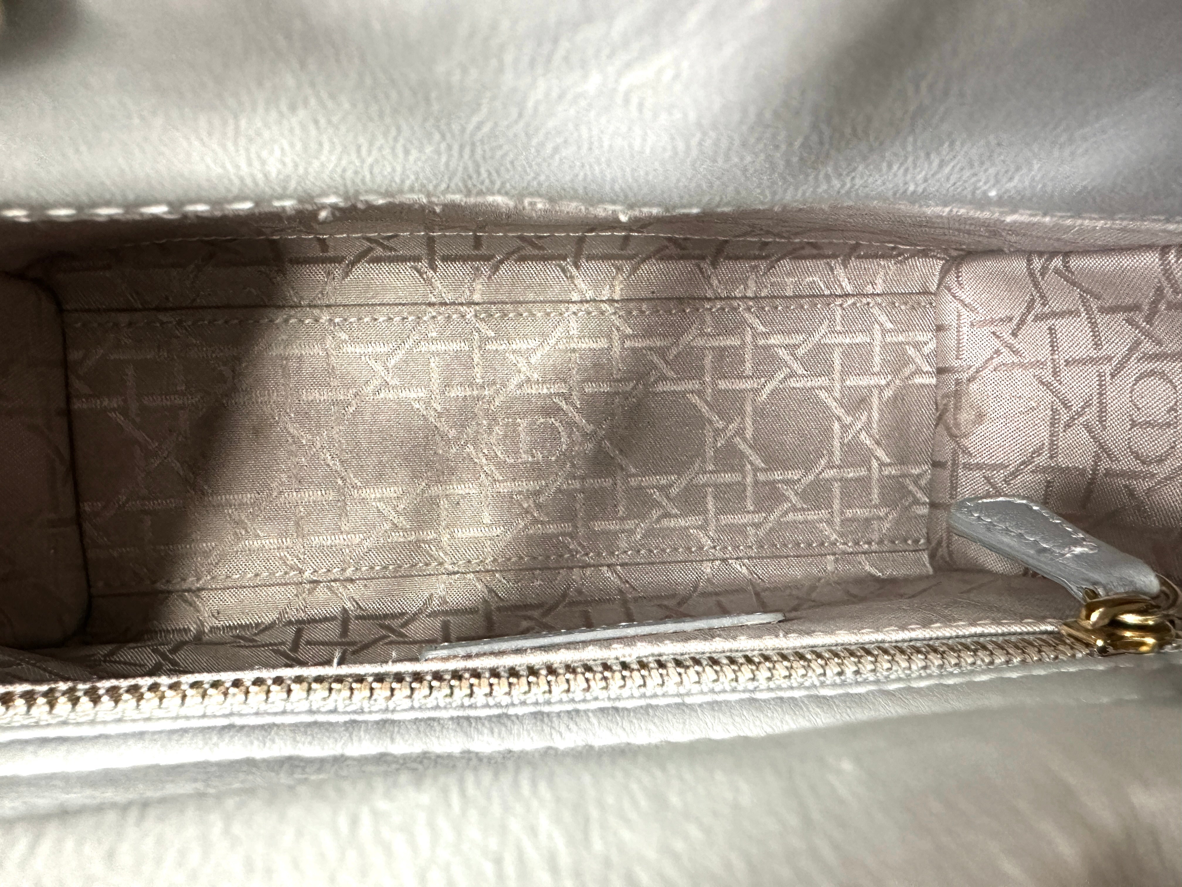 Christian Dior Lady Dior Grey Cannage Leather Handle Bag With Gold Charms